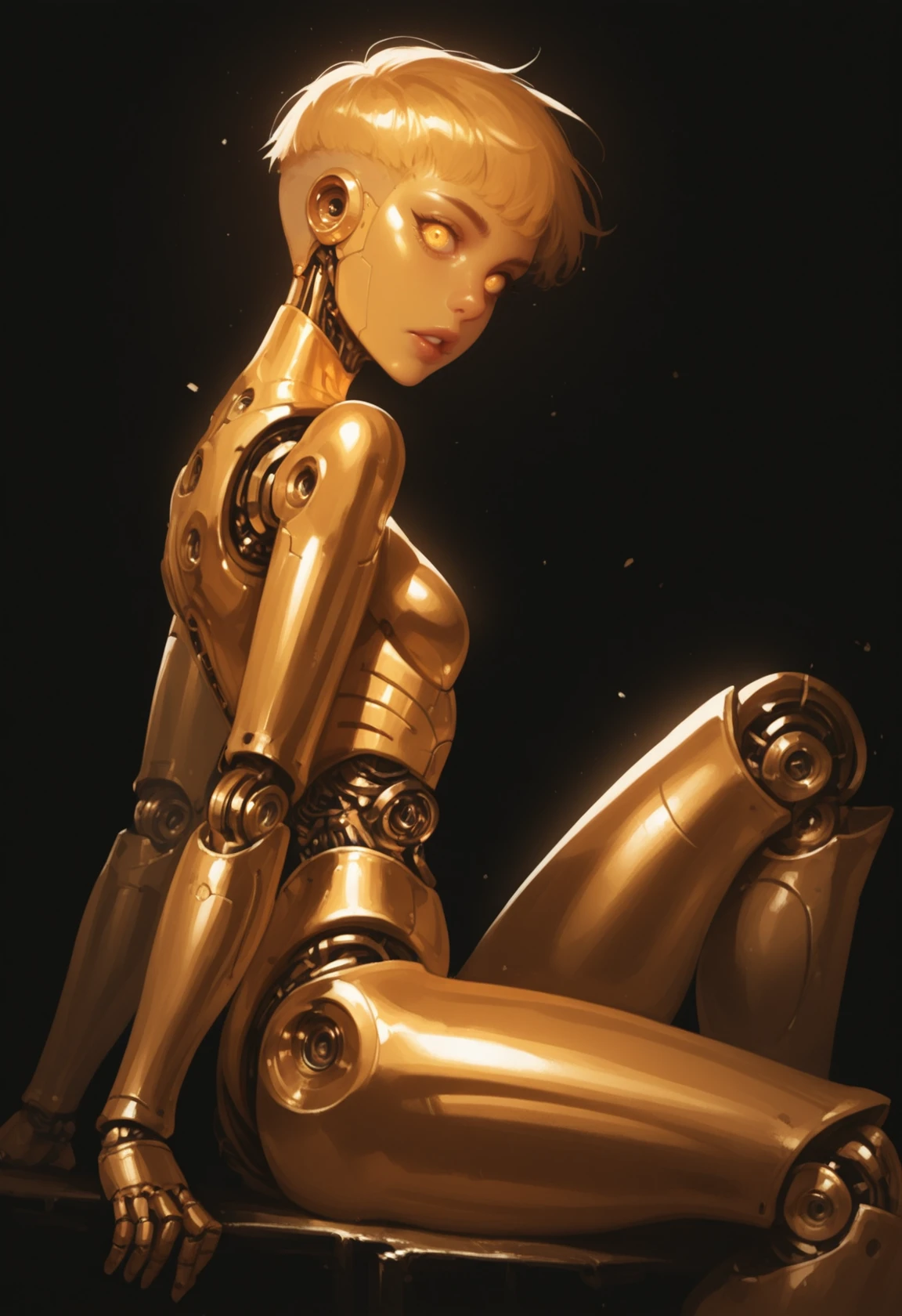 1girl, solo, gold hair, android, joints, robot joints, gold eyes, very short hair, sitting, looking at viewer, wings, mechanical parts, knee up, science fiction, robot girl, black background, glowing, parted lips, mechanical wings, colored skin, from side, gold skin, robot, (gold skin, metallic skin:1.2), gold skin, bob,, masterwork, masterpiece, best quality, dynamic lighting , dynamic pose,, dynamic angle, lips, nose
