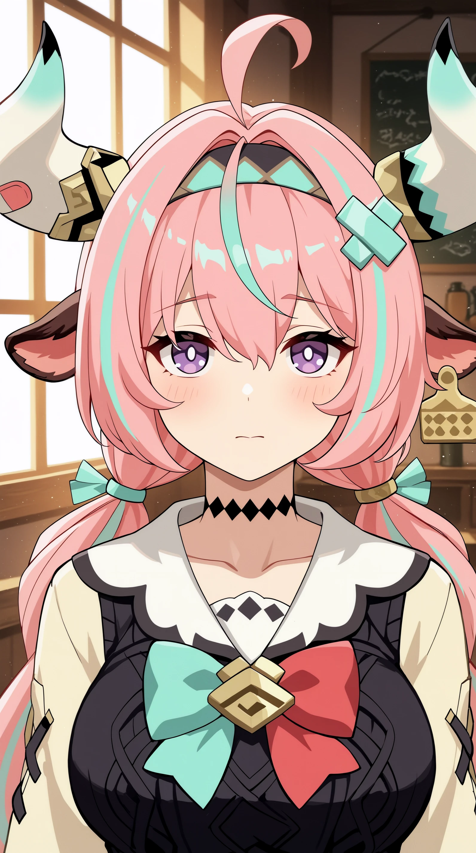 masterpiece, best quality, indoors, cinematic lighting, amazing quality, very aesthetic, absurdres, best quality, 4k, upscale, Varesa, 1girl, horns, cow ears, solo, pink hair, animal ears, purple eyes, cow horns, streaked hair, cow girl, multicolored hair, looking at viewer, ahoge, bandaid, twintails, portrait, low twintails, long hair, choker, ear tag, hair ornament, bangs, hair between eyes, blush, bow, collarbone, hairband, blue hair <lora:Varesa_IL:0.8>