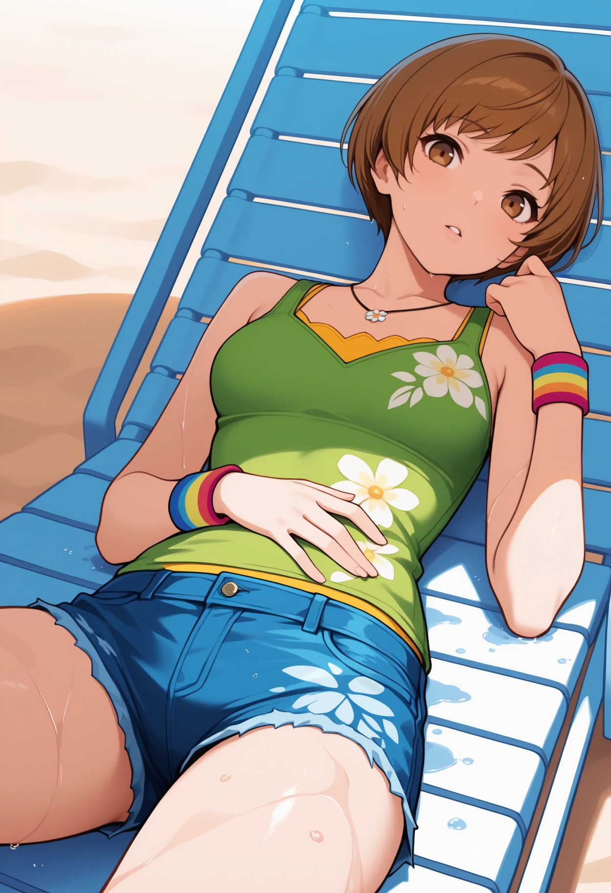 masterpiece, best quality, newest, solo, 1girl, ch1esummer, wet, parted lips, looking at viewer, lying, on back, hand on own stomach, lounge chair, short hair, brown hair, brown eyes, green tank top, floral print, blue shorts, denim shorts, short shorts, necklace, multicolored wristband, outdoors, day, beach
<segment:yolo-Anzhc Face seg 640 v2 y8n.pt,0.4,0.5//cid=1>