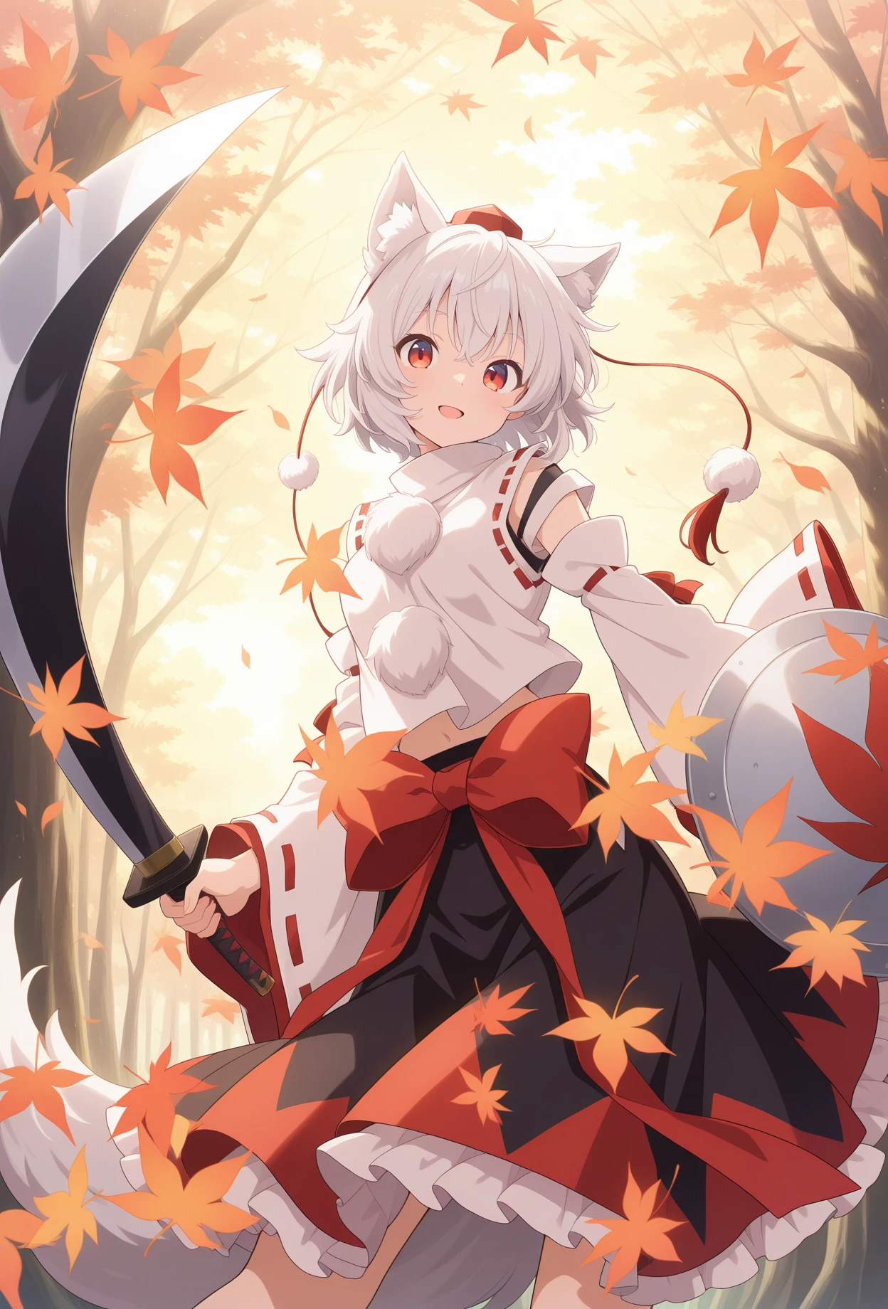 absurdres, highres, masterpiece, best quality, amazing quality, official anime artwork, screencap, anime screencap, outdoors, looking at viewer, light smile, dynamic pose,
<lora:Momiji-Inubashiri_Illustrious:1> inubashiri momiji, 1girl, solo, red eyes, white hair, short hair, wolf ears, wolf tail,, tokin hat, detached sleeves, white shirt, black skirt, two-tone skirt, sword, shield, floating hair, wind,
day, from below, open mouth, automn, forest, leaf,