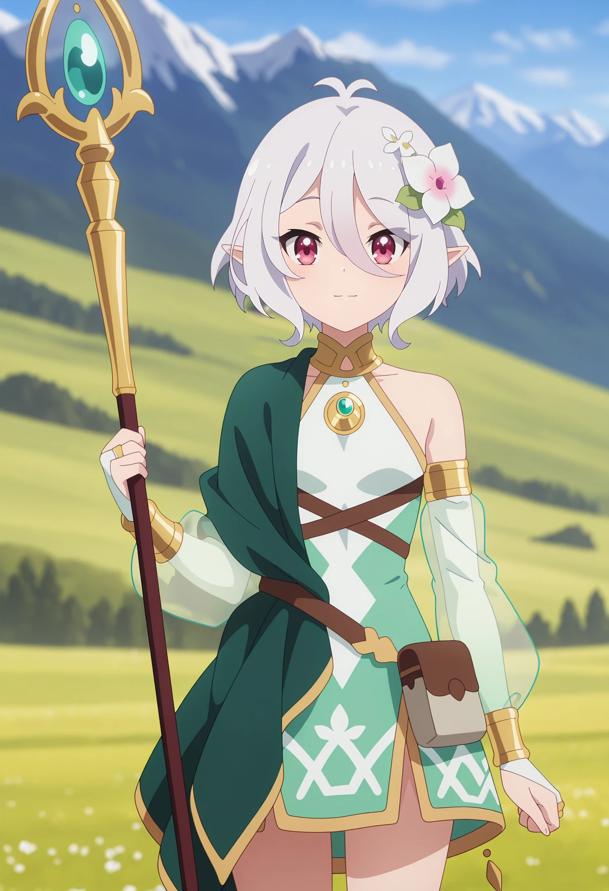 anime screencap, masterpiece, best quality,
<lora:PrincessConnect_Kokkoro_IlluXL:0.9>,
1girl, solo, closed mouth, light smile,
short hair, white hair, antenna hair, magenta eyes, pointy ears, hair flower,
KokkoroDress, sleeveless dress, armlet, gold trim, asymmetrical clothes, green cape, strap, bridal gauntlets, see-through sleeves, pouch,
holding staff,
standing, looking at viewer, cowboy shot,
blurry background, mountainous background, scenery
