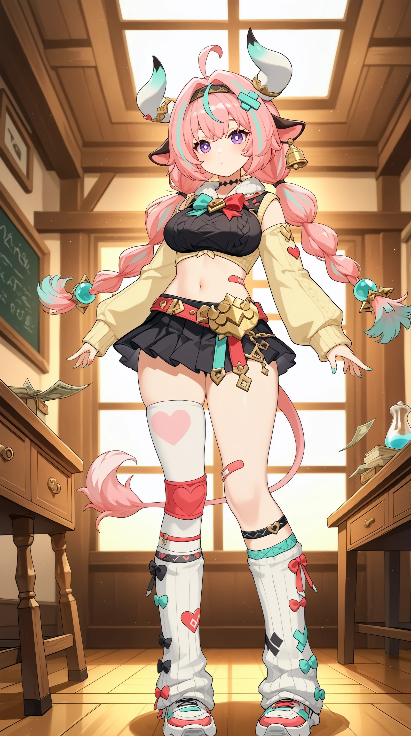 masterpiece, best quality, indoors, cinematic lighting, amazing quality, very aesthetic, absurdres, best quality, 4k, upscale, Varesa, 1girl, solo, horns, pink hair, skirt, ahoge, animal ears, navel, purple eyes, bandaid, long hair, braid, black skirt, multicolored hair, full body, twin braids, money, looking at viewer, leg warmers, socks, bandaid on leg, midriff, bangs, hairband, cow horns, thighhighs, hair ornament, cow ears, heart <lora:Varesa_IL:0.8>