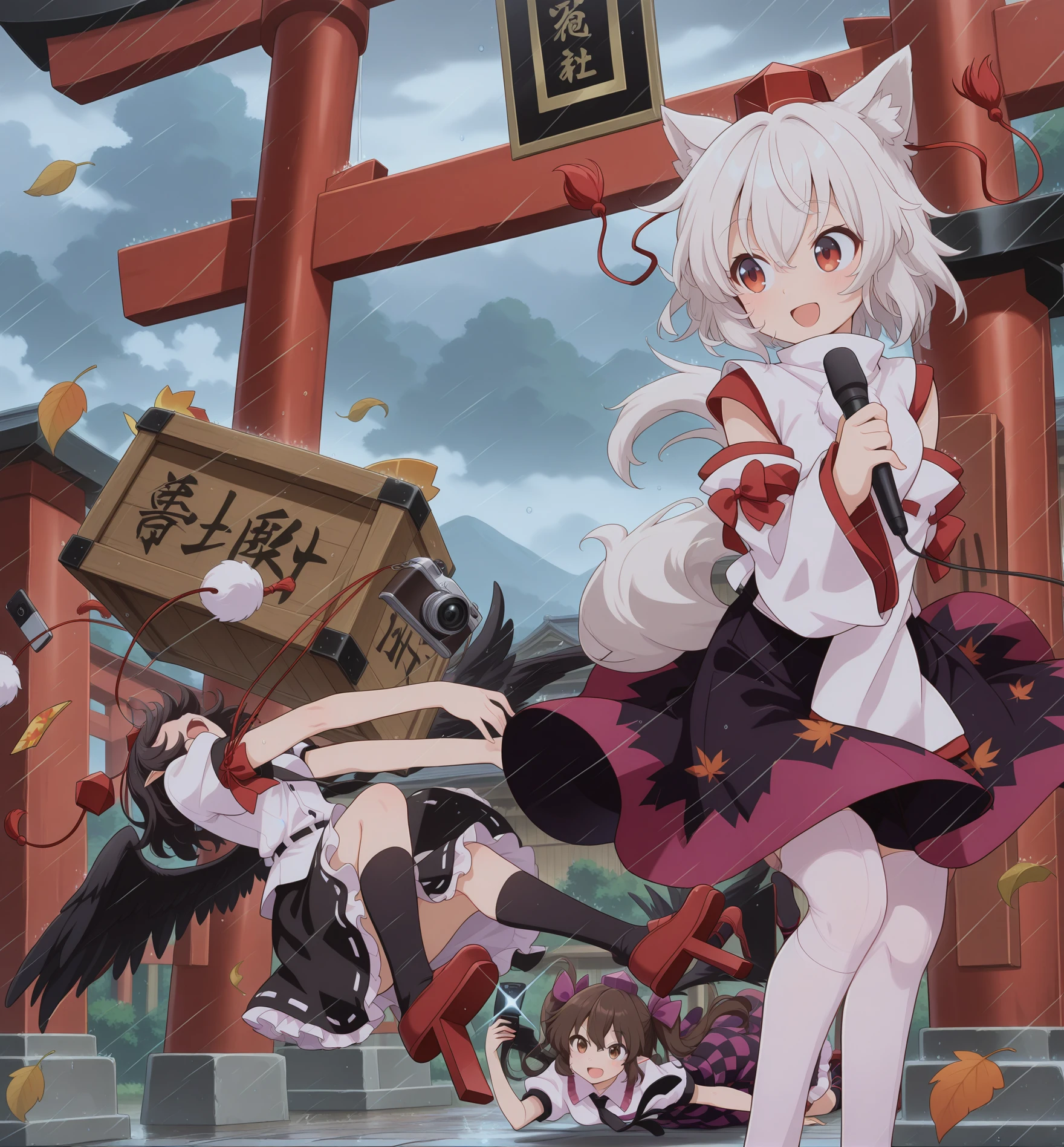 absurdres, highres, masterpiece, best quality, amazing quality, official anime artwork, screencap, anime screencap, outdoors, dynamic pose, wind, rain, cloud, torii, 3girls, wooden box,
<lora:Aya-Shameimaru_Illustrious:0.5> (shameimaru aya, 1girl, black hair, short hair, feathered wings, black wings,, tokin hat, collared shirt, white shirt, short sleeves, black bow, black skirt, frilled skirt, camera, open mouth, falling, backward),
<lora:Hatate-Himekaidou_Illustrious:0.5> (himekaidou hatate, 1girl, brown eyes, brown hair, twintails, long hair, pointy ears,, tokin hat, hair ribbon, black necktie, white shirt, short sleeves, checkered skirt, black socks, geta, taking photo, lying on chest, holding flip phone, flash, open mouth, smile, looking at aya),
<lora:Momiji-Inubashiri_Illustrious:0.5> (inubashiri momiji, 1girl, red eyes, white hair, short hair, wolf ears, wolf tail,, tokin hat, detached sleeves, white shirt, black skirt, two-tone skirt, looking back, holding microphone),