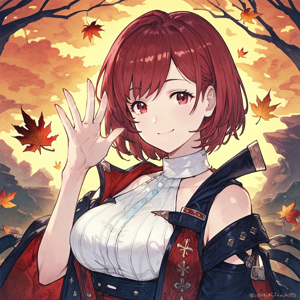 atym, 1girl, autumn, autumn leaves, bare_shoulders, confident smile, , closed mouth, , leaf, leaf background, looking at viewer, medium hair, bob cut, orange background, red eyes, red hair, smile, solo, swept bangs, upper body, waving, score_9, score_8_up, score_7_up, masterpiece, best quality, amazing quality, absurdres, very aesthetic