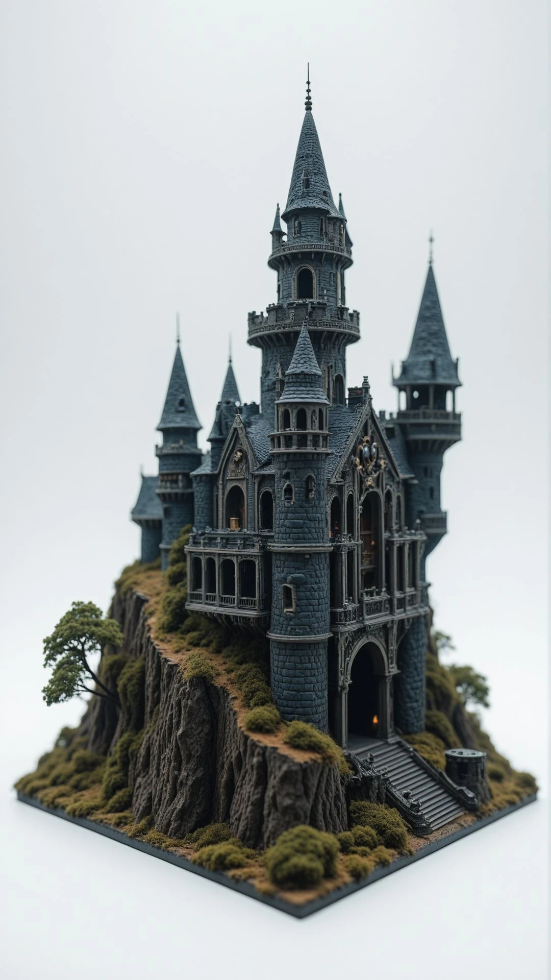 Wimmelbilder illustration of [Geralt of Rivia]'s head with the inside showing a cutaway design, which shows miniature mystic castle, on a white background, in the hyper realistic photography style, from the side view 
, aidmaimageupgrader  <lora:aidmaImageUpgrader-v0.3-IL:0.75>