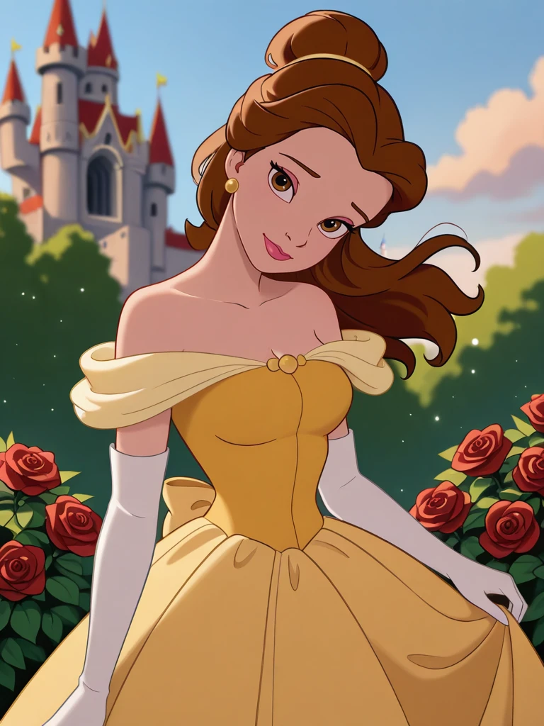 (official style:1.1), screencap, blurry background
1girl, medium breasts, (BelleXL:1.1), bow, brown hair, brown eyes, yellow dress, off-shoulder dress, white shirt, long dress, elbow gloves, jewelry, ponytail, single hair bun, lipstick, floating hair, makeup, 
light smile, dutch angle, naughty pose, happy, , looking at viewer, princess castle, garden, flowers around, clouds, sky, daylight, portrait, dynamic pose, cowboy shot, (one hand holding red rose:1.1), one hand dress lift, head tilt, light particles, 
 <lora:Belle-IL:1>