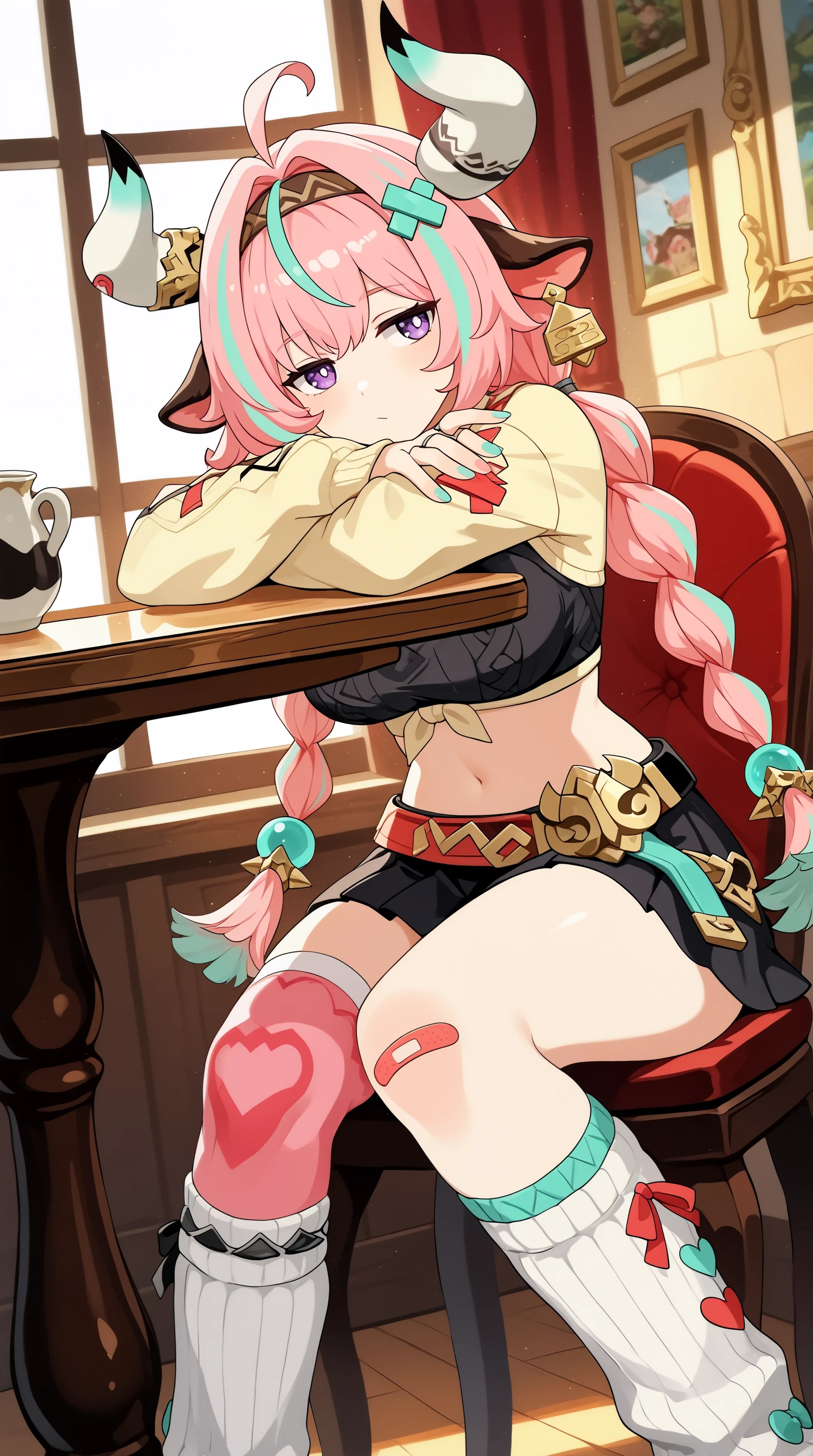 masterpiece, best quality, sitting, indoors, chair, table, bored, looking away, window, indoors, cinematic lighting, amazing quality, very aesthetic, absurdres, best quality, 4k, upscale, Varesa, streaked hair, multicolored hair, pink hair, ahoge, animal ears, purple eyes, long hair, twin braids, bangs, cow horns, hair ornament, cow ears, navel, bandaid, black skirt, twin braids, leg warmers, socks, bandaid on leg, midriff, hairband, thighhighs, heart <lora:Varesa_IL:0.8>