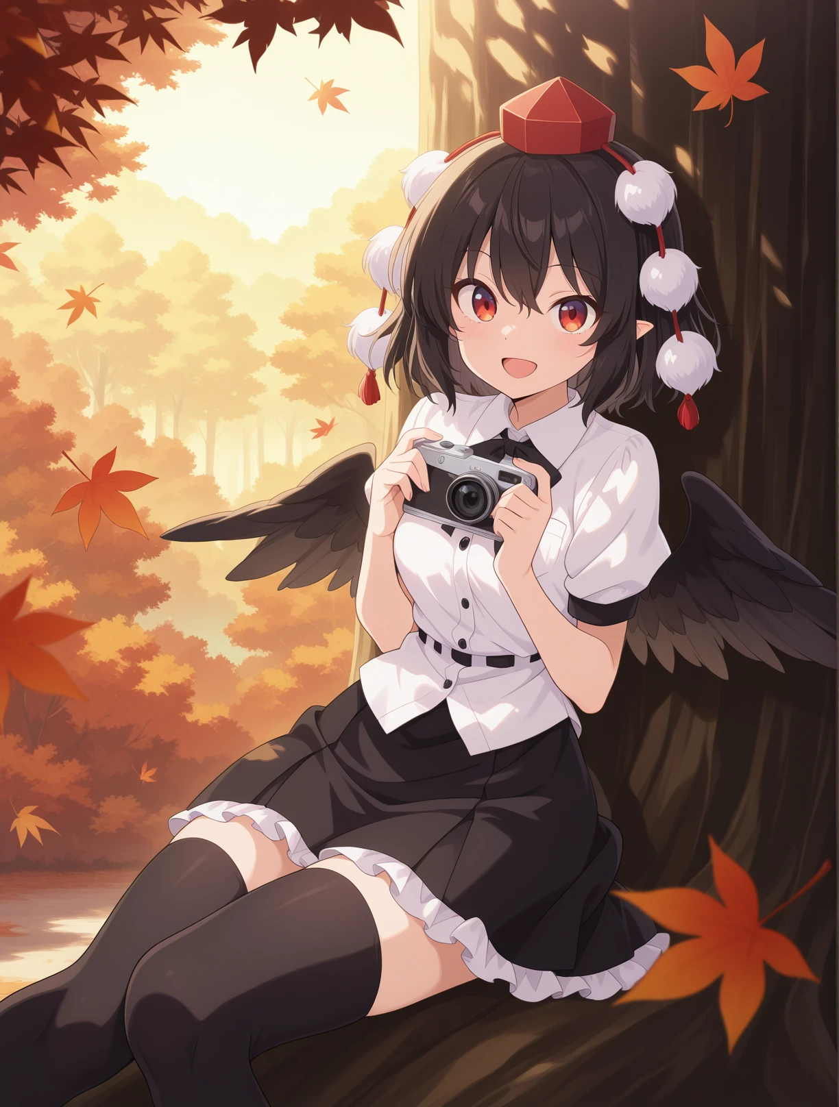 absurdres, highres, masterpiece, best quality, amazing quality, official anime artwork, screencap, anime screencap, outdoors, looking at viewer, dynamic pose,
<lora:Aya-Shameimaru_Illustrious:1> shameimaru aya, 1girl, solo, red eyes, black hair, short hair, feathered wings, black wings,, tokin hat, collared shirt, white shirt, short sleeves, black bow, black skirt, frilled skirt,
holding camera, open mouth, automn, leaf, tree, forest, happy,