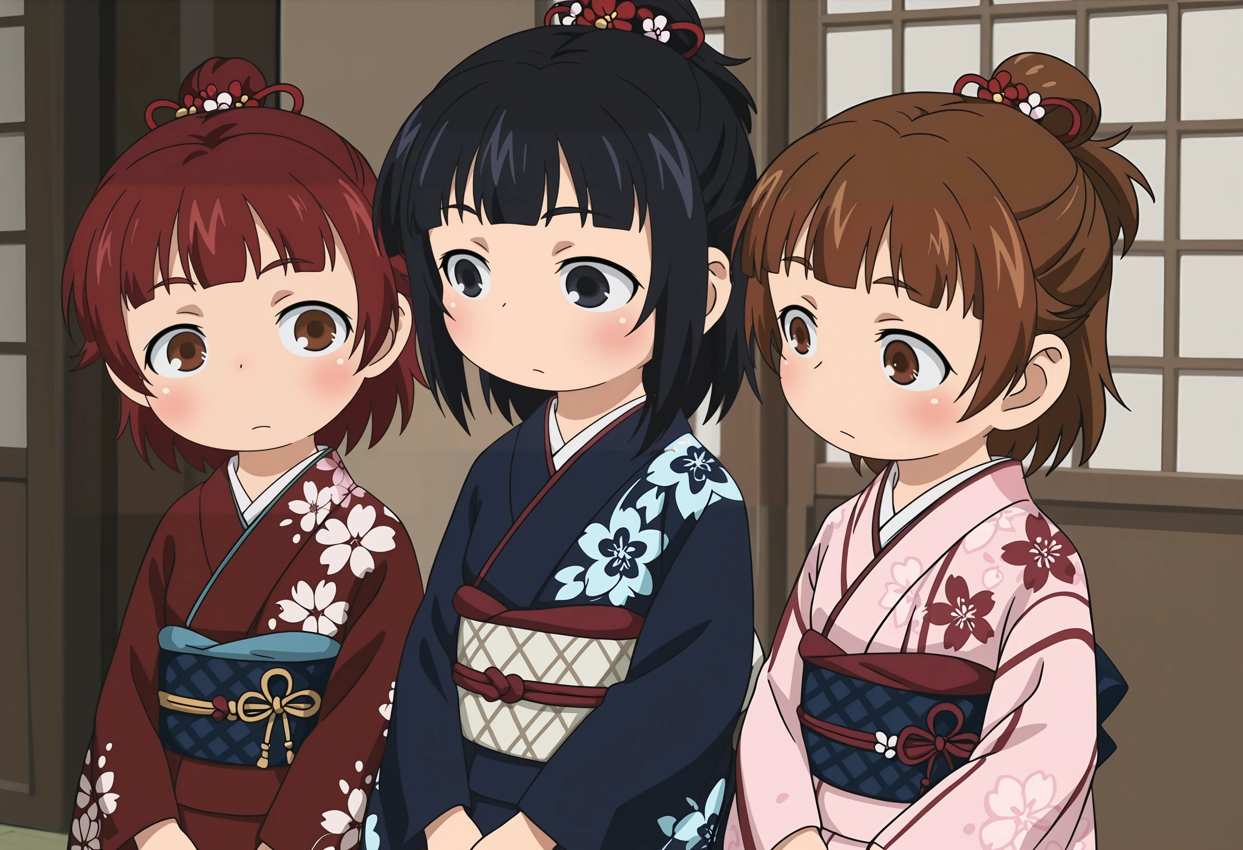 masterpiece, best quality, amazing quality, very aesthetic, absurdres, newest, <lora:MitsudomoeStyleILf:0.9> 3girls, fu74, red hair BREAK h17o, black hair, black eyes BREAK m17s, brown hair, brown eyes, three girls together, traditional japanese clothes, kimono,