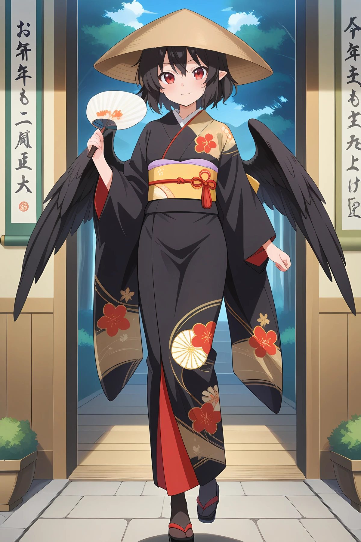 absurdres, highres, masterpiece, best quality, amazing quality, official anime artwork, screencap, anime screencap, outdoors, looking at viewer, light smile, dynamic pose,
<lora:Aya-Shameimaru_Illustrious:1> shameimaru aya, 1girl, solo, red eyes, black hair, short hair, feathered wings, black wings,, shameimaru aya \(business-is-booming newspaper reporter\), ajirogasa, alternate costume, black kimono, black pantyhose, brown hat, furisode, geta, hand fan, hanging scroll, hat, holding, holding fan, japanese clothes, kimono, long sleeves, new year, obi, obijime, pantyhose, sash, scroll, straw bag, wide sleeves,