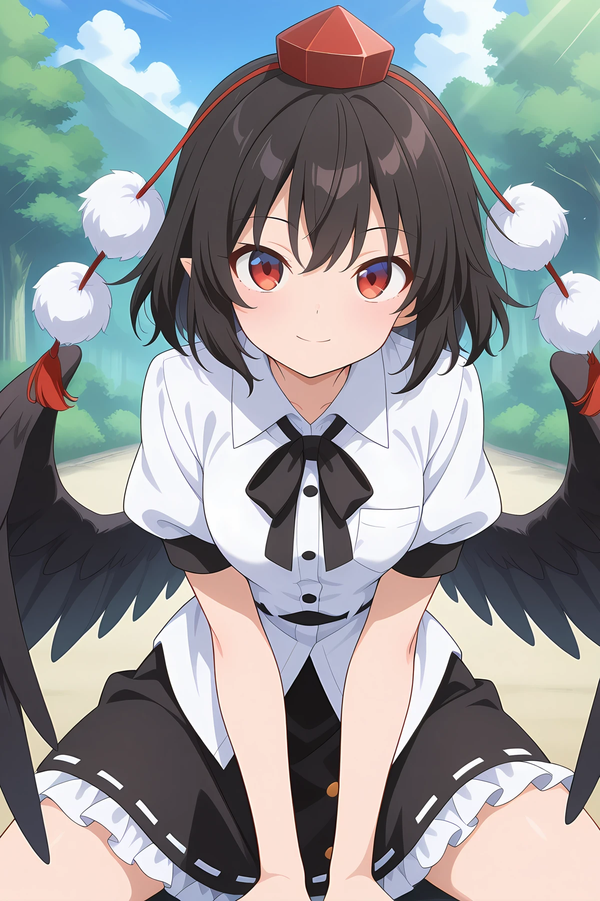 absurdres, highres, masterpiece, best quality, amazing quality, official anime artwork, screencap, anime screencap, outdoors, looking at viewer, light smile, dynamic pose,
<lora:Aya-Shameimaru_Illustrious:1> shameimaru aya, 1girl, solo, red eyes, black hair, short hair, feathered wings, black wings,, tokin hat, collared shirt, white shirt, short sleeves, black bow, black skirt, frilled skirt