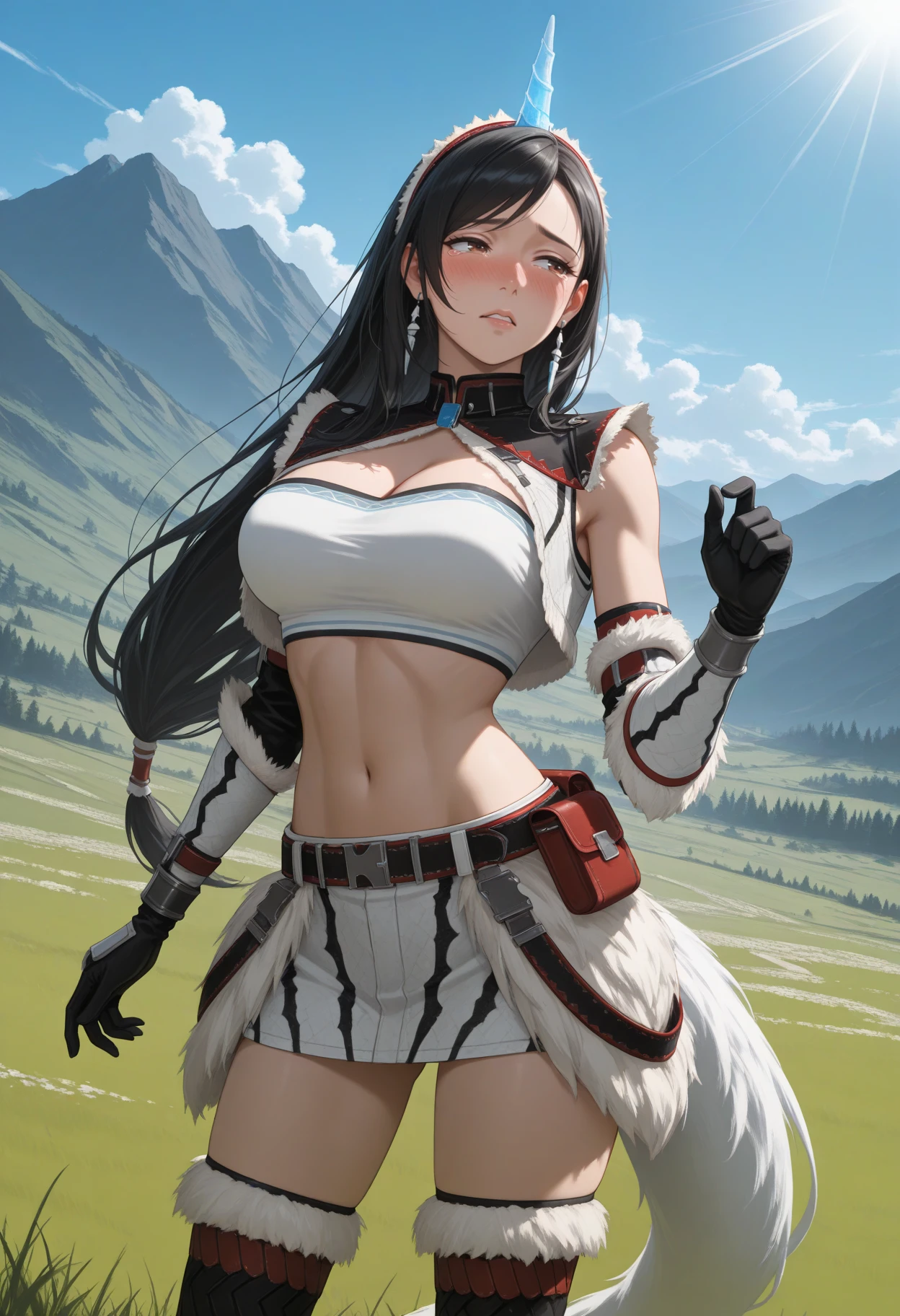 masterpiece, best quality, ultra-detailed, illustration,(1girl),beautiful detailed eyes, looking at viewer, close up, big breasts, black fur, shy, cat ears, furry, yiff, anthropomorphic animal, black tail, spread legs, showing, focus)