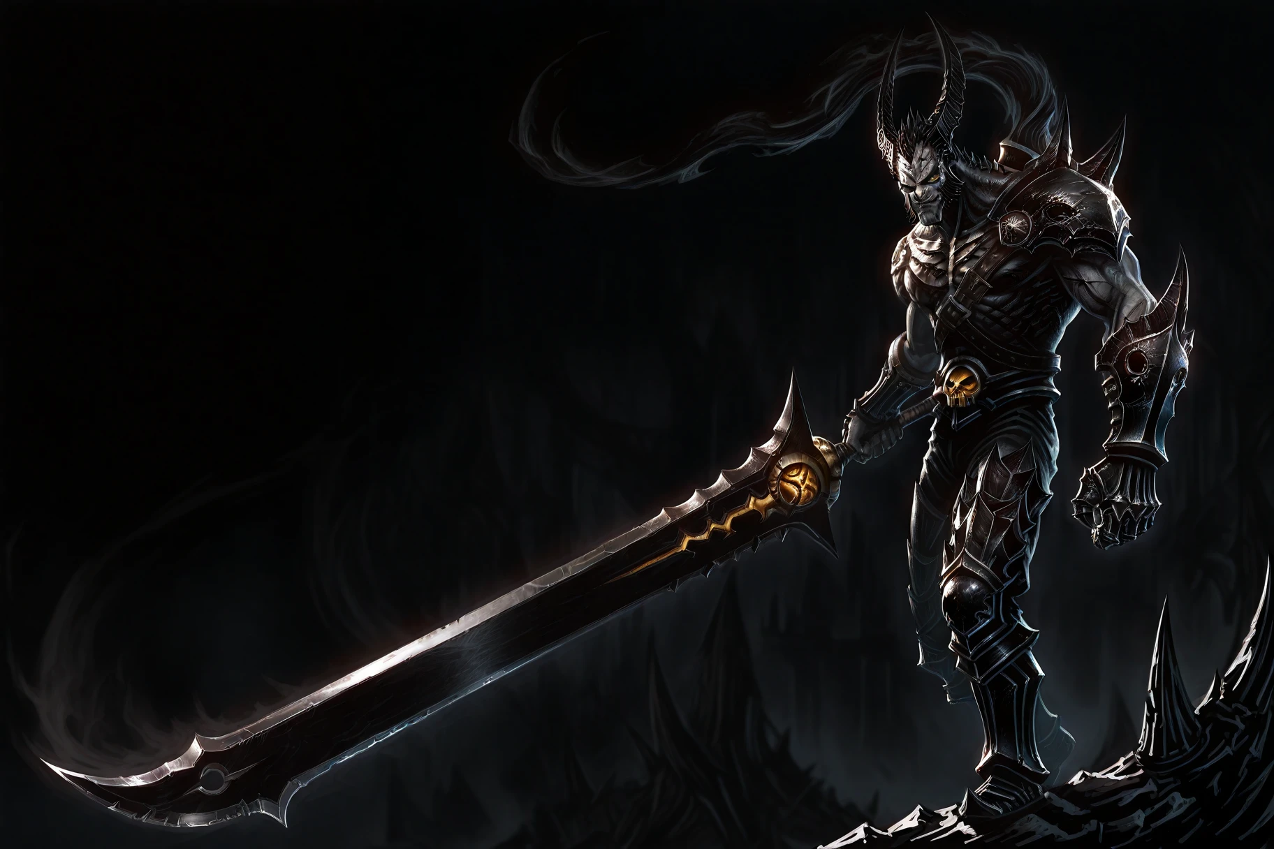 masterpiece, oldest, best quality, 1boy, solo, league of legends, black theme, berserk with a giant sword, noxus, official digital art, official alternate costume, holding weapon, <lora:lol-s6-illustrious-v2:0.9>