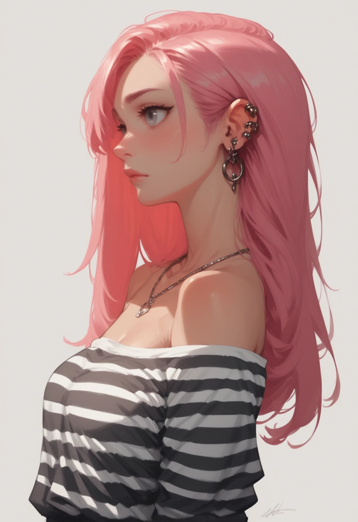 1girl, pink hair, solo, striped clothes, jewelry, earrings, long hair, bare shoulders, striped shirt, simple background, white background, striped sleeves, upper body, shirt, piercing, breasts, necklace, artist name, collarbone, ear piercing, closed mouth, blush, grey eyes, off shoulder, long sleeves, signature, from side, grey background, masterwork, masterpiece, best quality, dynamic lighting , dynamic pose,, dynamic angle, lips, nose