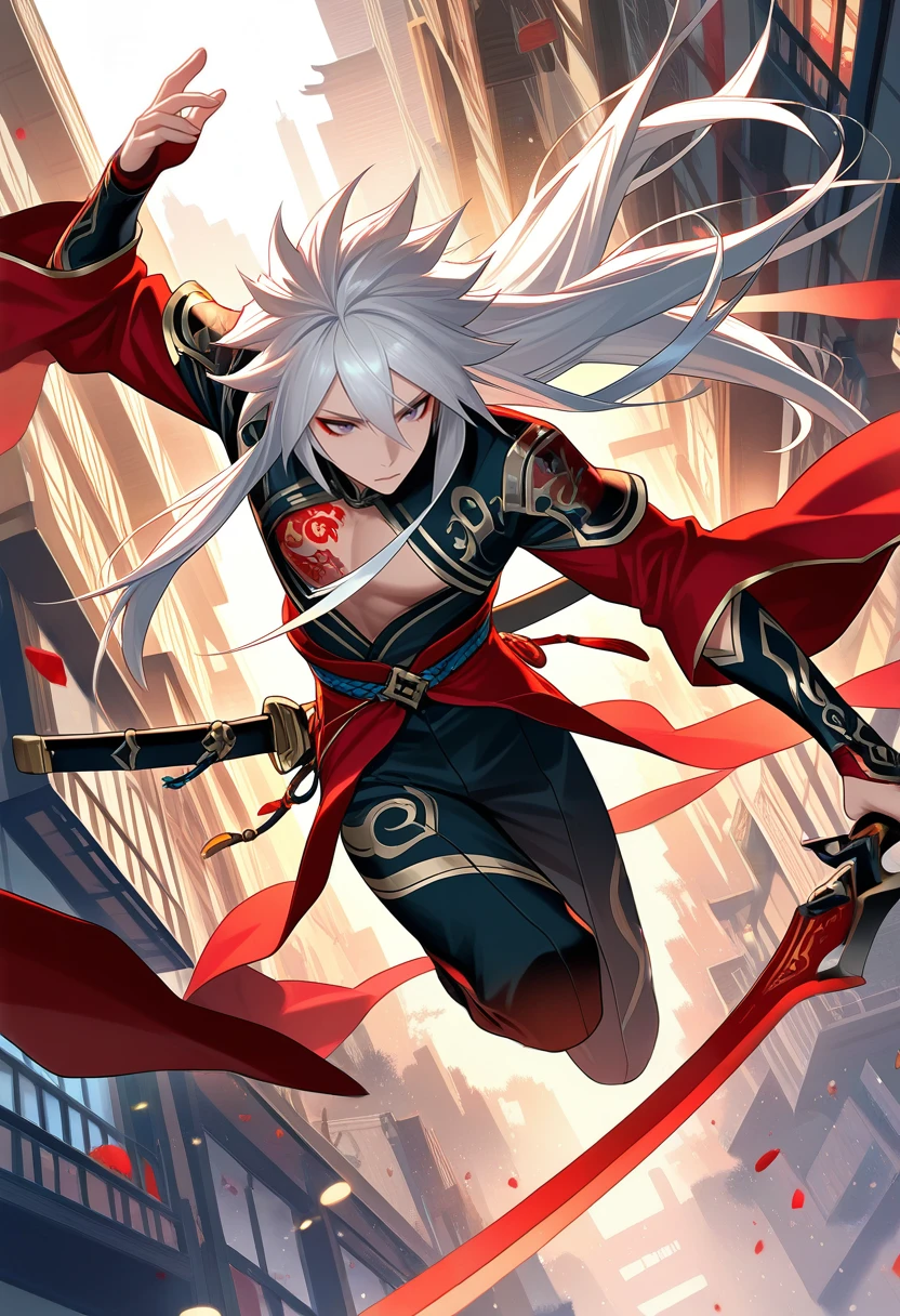 (masterpiece:1.35), (very aesthetic, best quality:1.3), vibrant, 1boy, solo, white hair, wild hair, long hair, sword, jumping in the air, east asian city, official art, dau-al-set, red tattoo, highly detailed, intricate details, absurdres, masterful composition, cinematic lighting