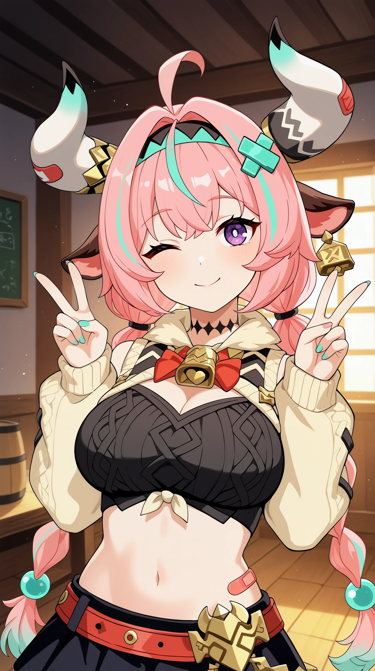 masterpiece, best quality, upper body, indoors, cinematic lighting, amazing quality, very aesthetic, absurdres, best quality, 4k, upscale, Varesa, 1girl, solo, horns, pink hair, skirt, ahoge, animal ears, navel, purple eyes, bandaid, long hair, braid, black skirt, multicolored hair, smile, double v, twin braids, looking at viewer, midriff, bangs, hairband, cow horns, hair ornament, cow ears, wink, <lora:Varesa_IL:0.8>