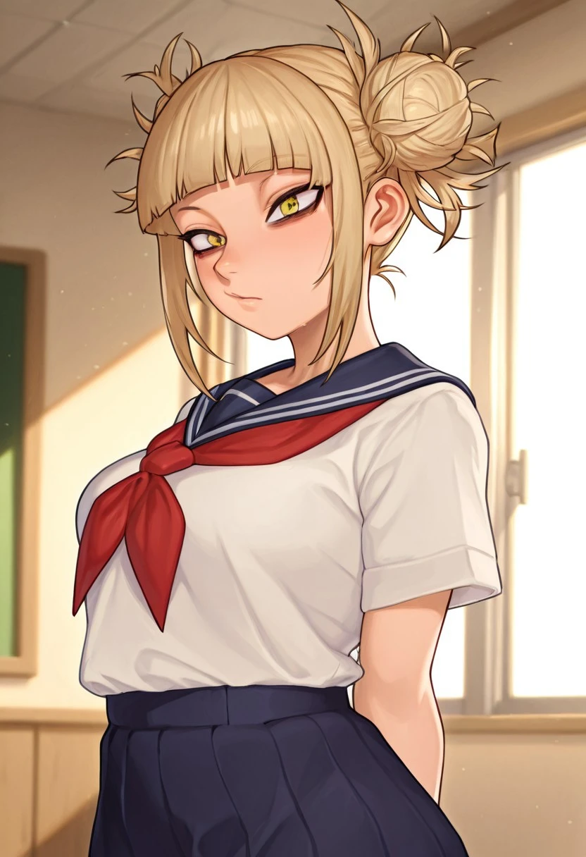 masterpiece, best quality, amazing quality, very aesthetic, high resolution, ultra-detailed, absurdres, newest, scenery, 1girl, solo
asura_style, toga_himiko_illust, blonde hair, hair bun, double bun, bangs, school uniform, yellow eyes, skirt, messy hair,
BREAK, detailed background, detailed hair, depth of field, photorealistic details, volumetric lighting