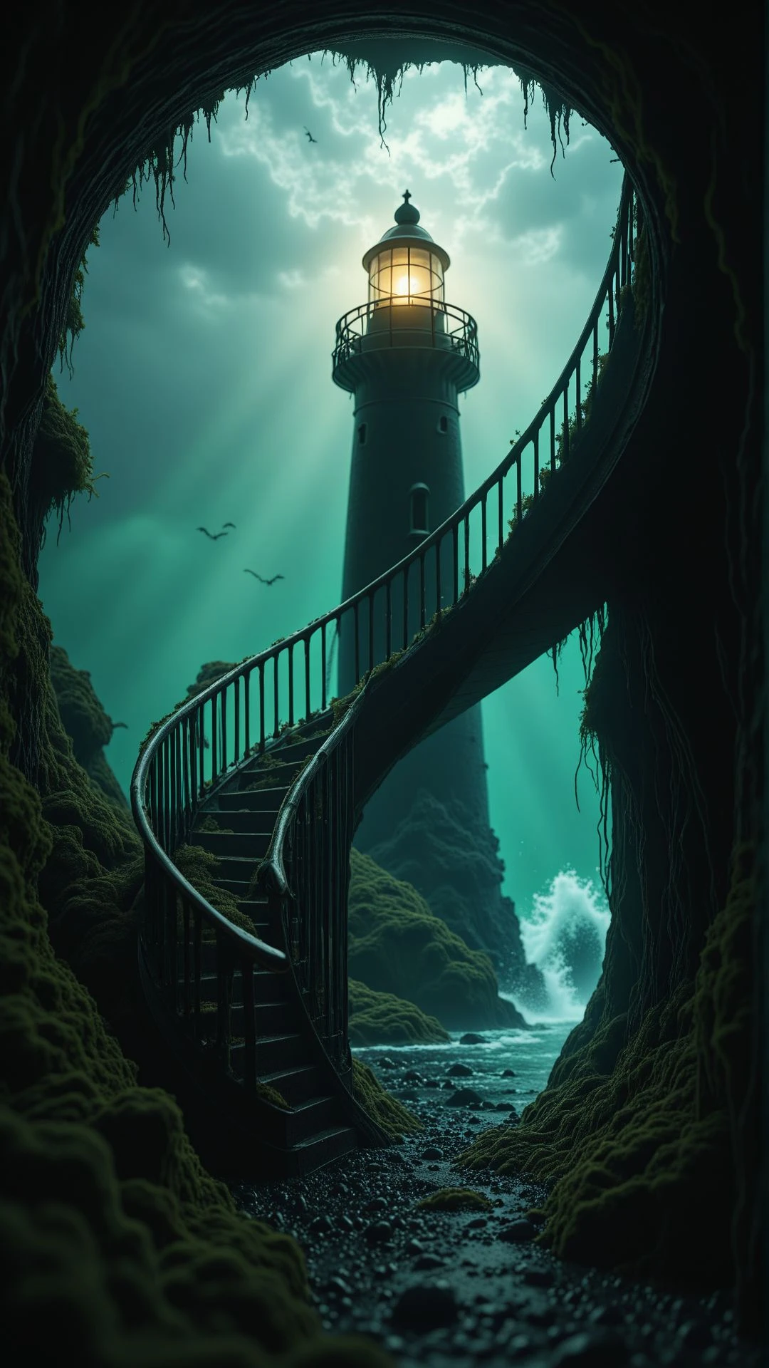 A lighthouse of black obsidian stands on a lonely island, surrounded by roaring tides. Its beacon glows an unnatural green, casting restless shadows across the wrecked ships scattered along the shore. Inside, a spiral staircase winds past walls covered in cryptic messages, slick with time-worn algae.
, aidmaimageupgrader <lora:aidmaImageUpgrader-v0.3-IL:0.75>