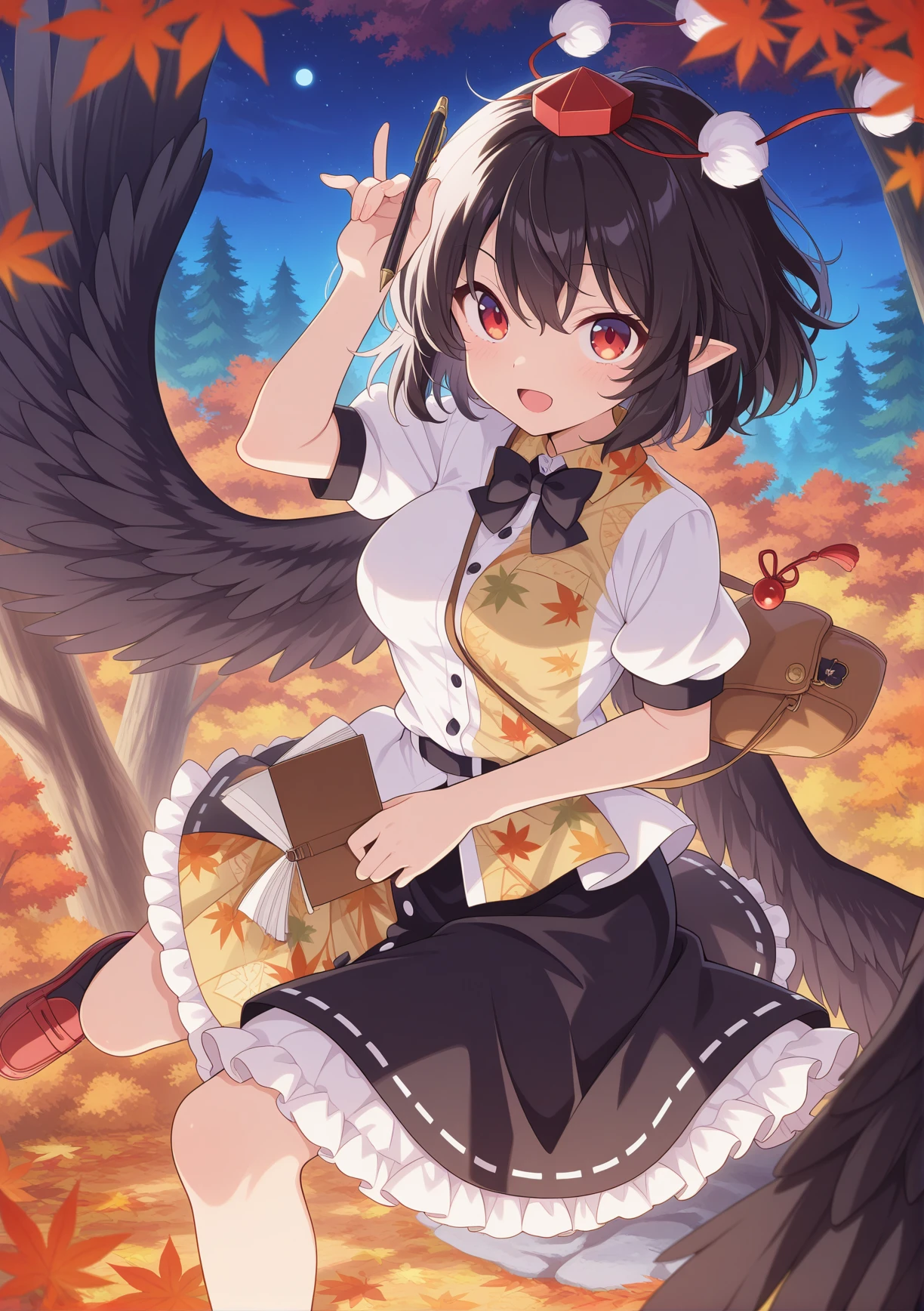 absurdres, highres, masterpiece, best quality, amazing quality, official anime artwork, screencap, anime screencap, outdoors, looking at viewer, dynamic pose,
<lora:Aya-Shameimaru_Illustrious:1> shameimaru aya, 1girl, solo, red eyes, black hair, short hair, feathered wings, black wings,, tokin hat, collared shirt, white shirt, short sleeves, black bow, black skirt, frilled skirt,
holding notebook, open mouth, automn, leaf, tree, forest, holding pen, two-sided fabric, night, star, bag,