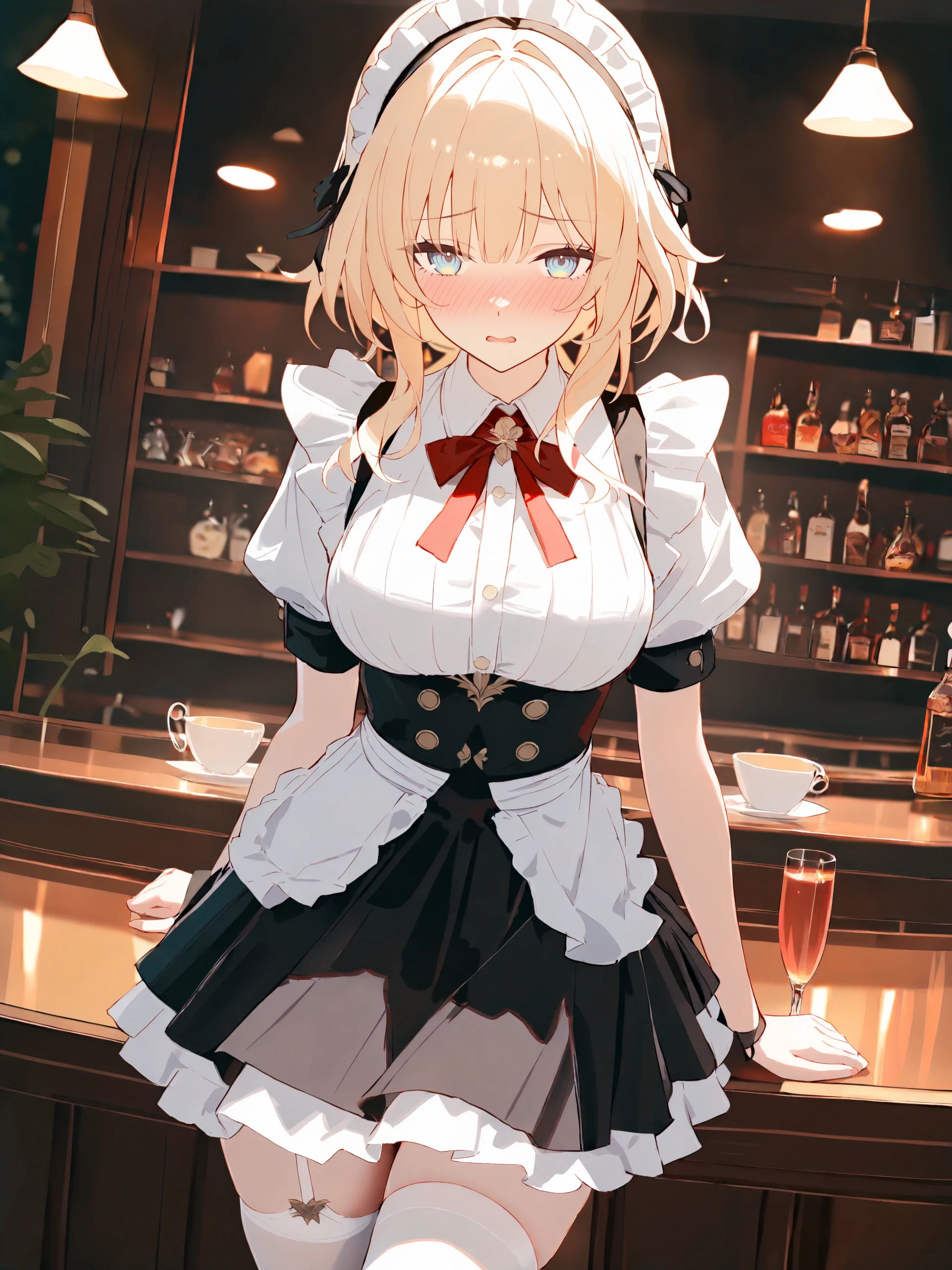 masterpiece, high score, great score, absurdres, illustration, ray tracing, (ask \(askzy\), hiten \(hitenkei\):0.5), <lora:Char-HonkaiSR-Aglaea-V1-XL:1:hr=0.6>, 1girl, solo, aglaea \(honkai: star rail\), solo, maid, black dress, white shirt, underbust, red bowtie, white thighhighs, mary janes, maid headdress, maid apron, embarrassed, open mouth, blush, parted lips, looking at viewer, cowboy shot, bar \(place\), indoors, depth of field