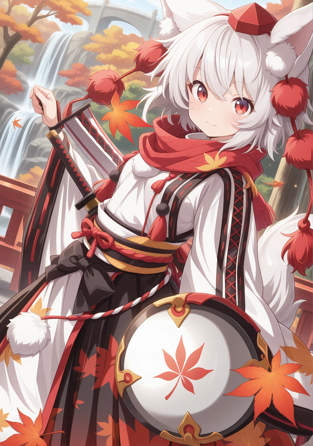 autumn, autumn leaves, leaf, leaf print, maple leaf, bridge, waterfall, day, tree, barrier,
absurdres, highres, masterpiece, best quality, amazing quality, official anime artwork, screencap, anime screencap, outdoors, looking at viewer, light smile, dynamic pose,
<lora:Momiji-Inubashiri_Illustrious:1> inubashiri momiji, 1girl, solo, red eyes, white hair, short hair, wolf ears, wolf tail,, tokin hat, detached sleeves, white shirt, black skirt, two-tone skirt,