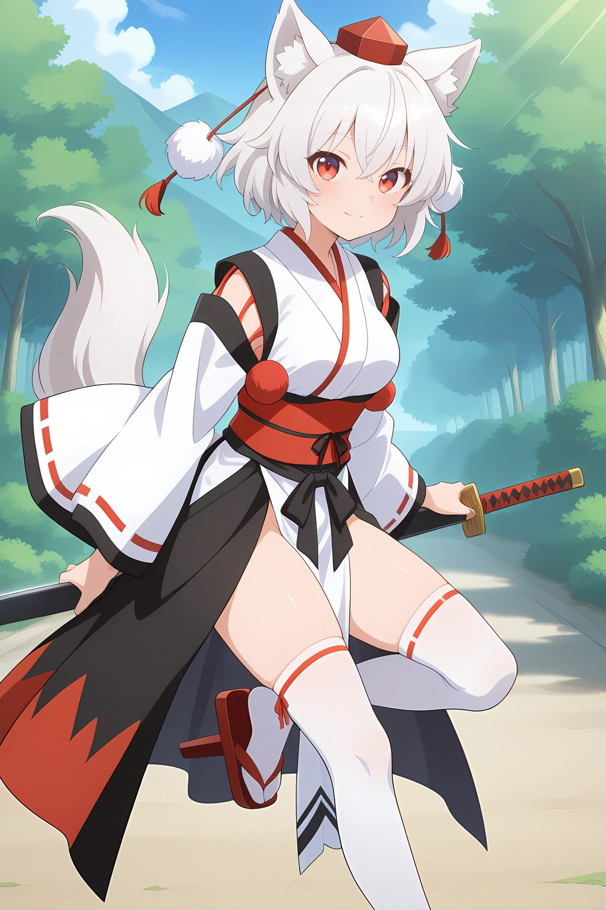 absurdres, highres, masterpiece, best quality, amazing quality, official anime artwork, screencap, anime screencap, outdoors, looking at viewer, light smile, dynamic pose,
<lora:Momiji-Inubashiri_Illustrious:1> inubashiri momiji, 1girl, solo, red eyes, white hair, short hair, wolf ears, wolf tail,, inubashiri momiji \(white wolf of staunch offense and defense\), clothing cutout, kikkoumon, kourindou tengu costume, official alternate costume, pom pom \(clothes\), red footwear, ribbon-trimmed sleeves, ribbon trim, shawl, sword, tengu-geta, thighhighs, tokin hat, white thighhighs, wide sleeves,