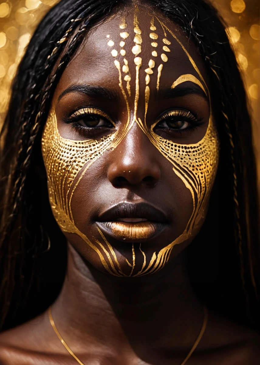 (painting), Close-up face, mysterious silhouette of an girl with dark skin in worn down clothing, gold cosmetic over face goddess, alluring, amazing depth, double exposure, surreal, geometric patterns, intricately detailed, bokeh, perfect balanced, deep fine borders, artistic photorealism , smooth, great masterwork by Suiras , (brush strokes:0.6), high contrast, (paint drips:0.5), (dripping paint:0.6), (splatters:0.4), (dramatic:0.2)
