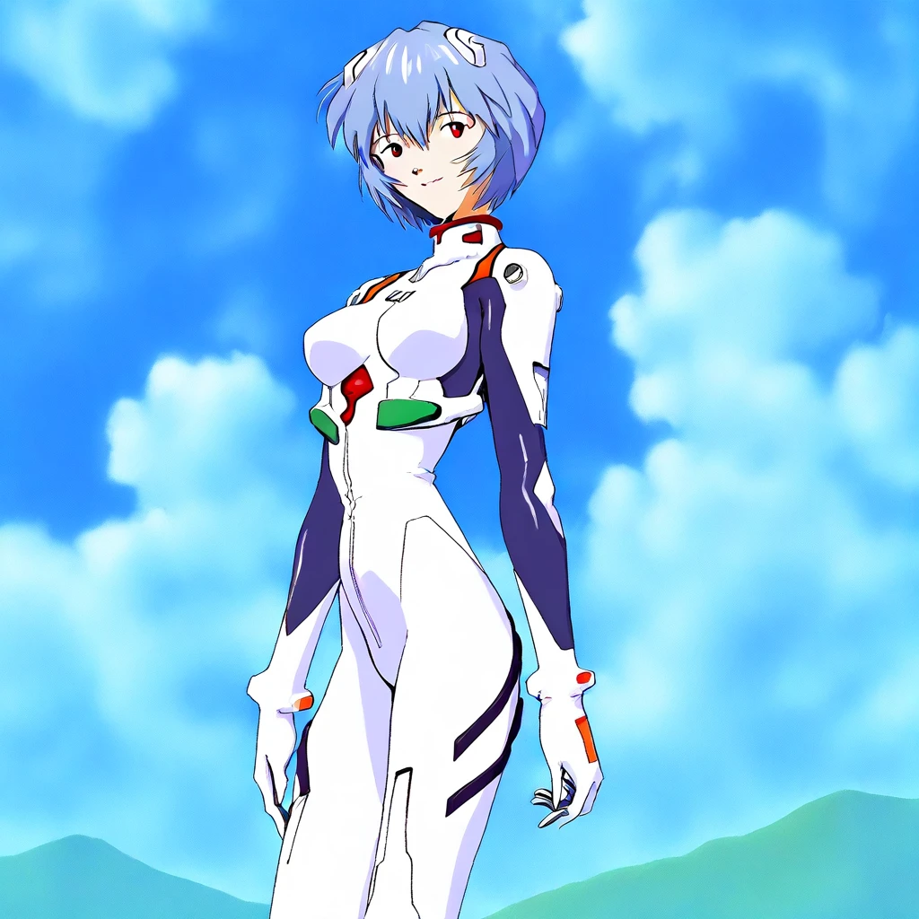 obra de arte, melhor qualidade, 1 garota, Ayanamirei, eva00plugsuit, Fone de ouvido de interface, olhar do espectador, Sorriso leve, Parque da Cidade, tronco, cyber city, ((NSFW))