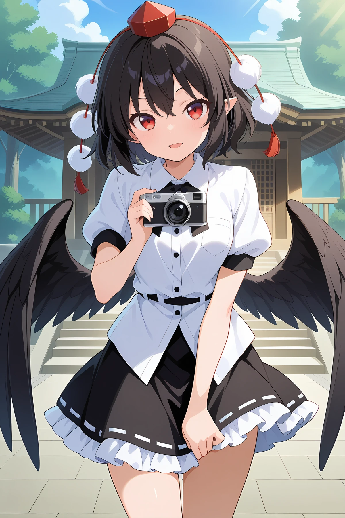 absurdres, highres, masterpiece, best quality, amazing quality, official anime artwork, screencap, anime screencap, outdoors, looking at viewer, light smile, dynamic pose,
<lora:Aya-Shameimaru_Illustrious:1> shameimaru aya, 1girl, solo, red eyes, black hair, short hair, feathered wings, black wings,, tokin hat, collared shirt, white shirt, short sleeves, black bow, black skirt, frilled skirt, holding camera, notebook, open mouth, shrine,