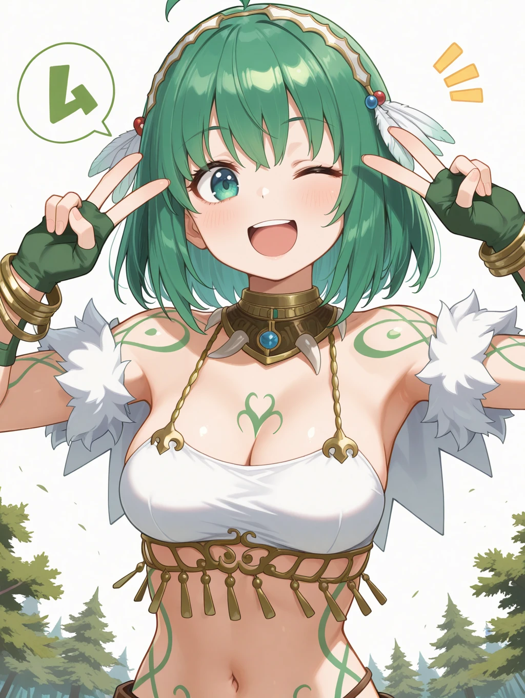 War Rock Wento, 1girl, one eye closed, solo, double v, open mouth, speech bubble, navel, smile, cleavage, ;d, upper body, looking at viewer, white background, medium breasts, midriff, green bodypaint, gold collar, gold bracelet, green fingerless gloves, tribal, white crop top, feather hair ornament, white capelet, forest
masterpiece,best quality,amazing quality,very aesthetic,absurdres,newest,<lora:War Rock Wento illuXL v1:0.75>,