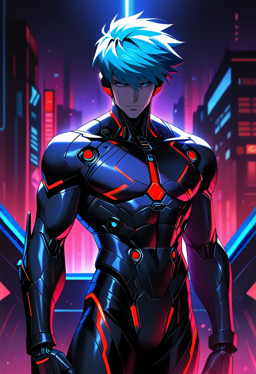 (masterpiece:1.35), (very aesthetic, best quality:1.3), vibrant, 1boy, robot, solo, one robot boy, standing, handsome, muscular, cybernetic, mechanical parts, black bodysuit, bright red and blue hair, dark theme, s1_dram, portrait, high resolution, s1_dram, Vintage, 1990s \(style\), red neon trim, cyberpunk city background, highly detailed, intricate details, absurdres, masterful composition, cinematic lighting