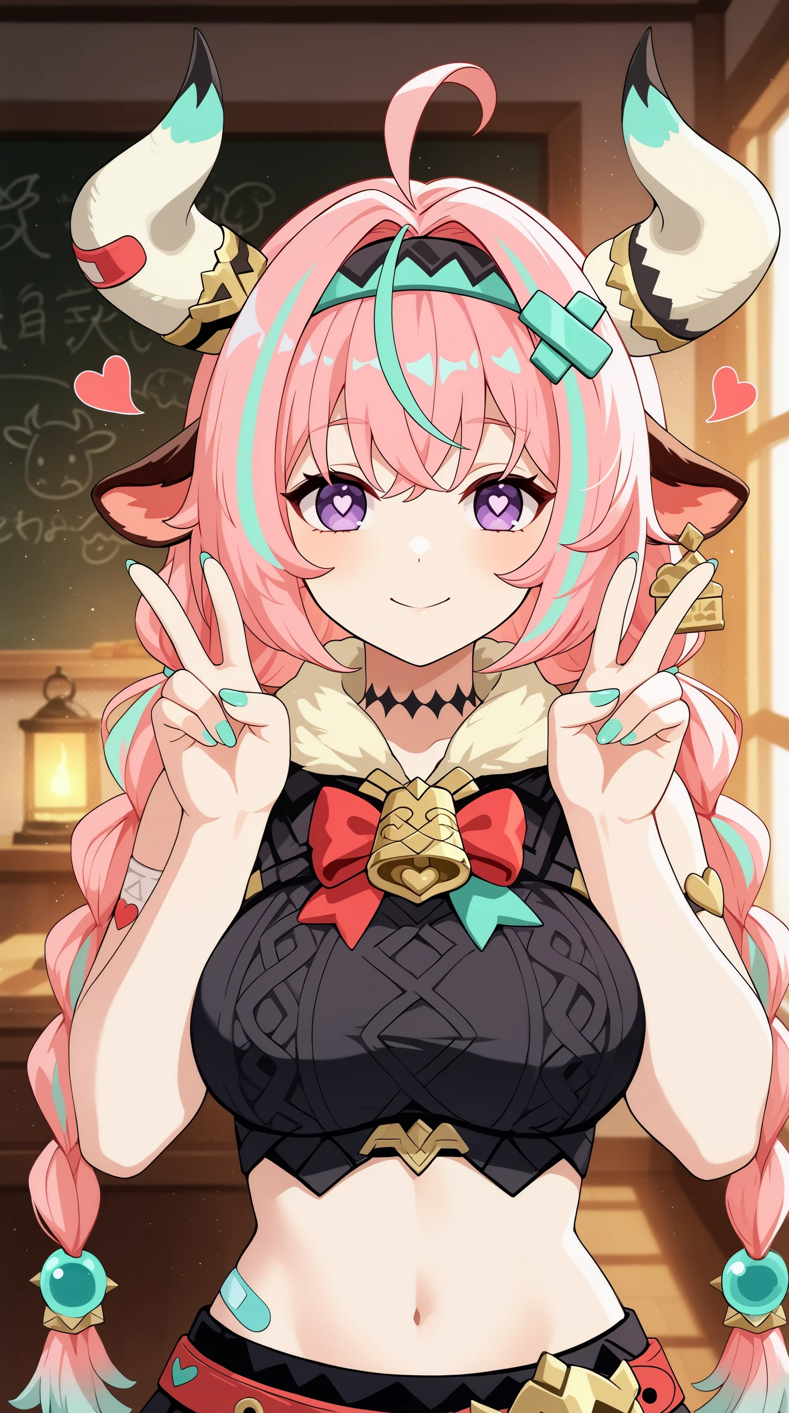 masterpiece, best quality, upper body, indoors, cinematic lighting, amazing quality, very aesthetic, absurdres, best quality, 4k, upscale, Varesa, 1girl, solo, horns, pink hair, skirt, ahoge, animal ears, navel, purple eyes, bandaid, long hair, braid, black skirt, multicolored hair, smile, double v, twin braids, looking at viewer, midriff, bangs, hairband, cow horns, hair ornament, cow ears, heart <lora:Varesa_IL:0.8>
