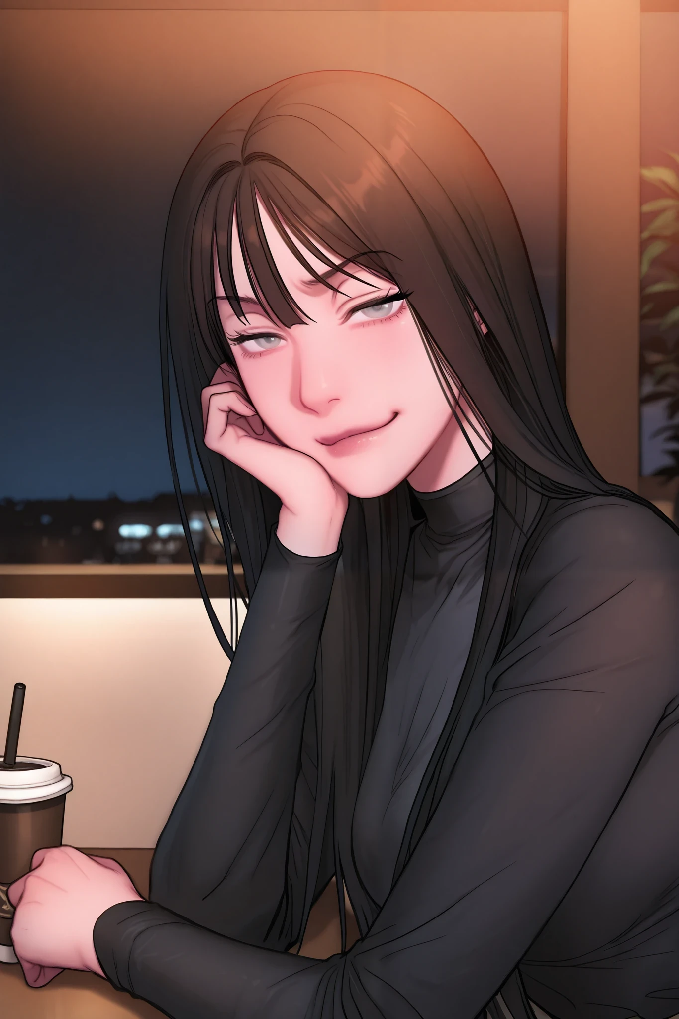 cinematic, masterpiece, ultra-detailed, best quality, absurdres, highres, newest,1girl, solo, kang yuna, black hair, grey eyes, white shirt, black shirt, turtleneck, resting head, looking at viewer, smug, sitting, cafe, night