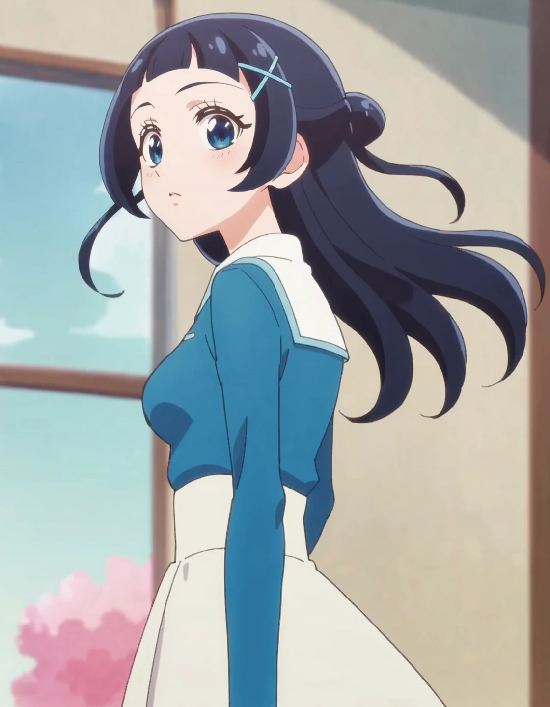 score_9, score_8_up, score_7_up, anime screencap, solo,1girl,aokazenana, hair ornament, long sleeves, shirt, skirt, x hair ornament, hairclip, blue shirt, dress,cowboy shot,medium breasts ,looking at viewer,from behind<lora:aokazenana_pony:0.8>