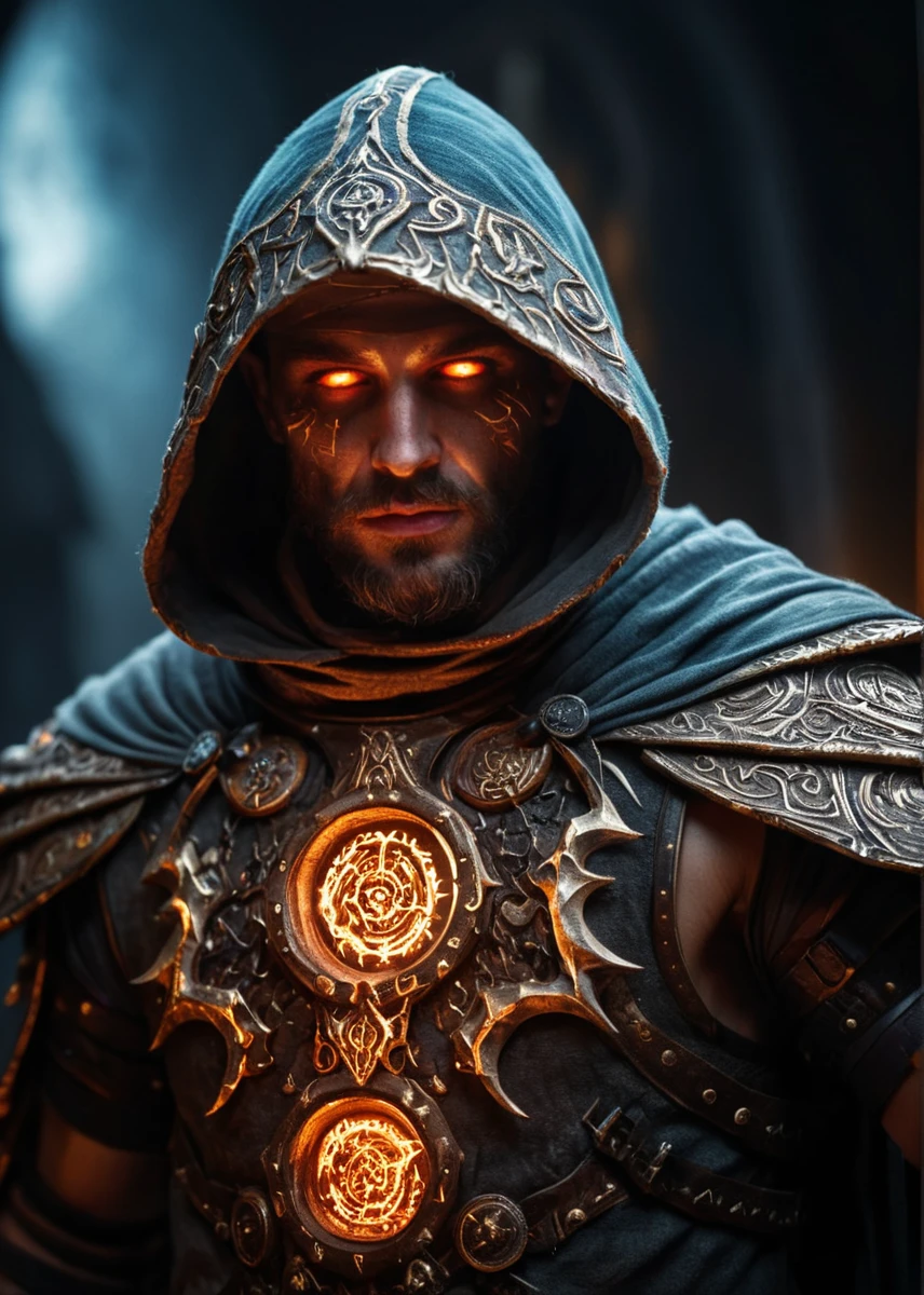 Photo, masterpiece, best quality, dramatic angle, A ghostly male Prophet of Chaos Gods, light armor, Canvas hoods, undeath, skin pores, Runic circle, Elements, (Glowing eyes), realistic shadwos, intricate details, cinematic, good lighting, vibrant colors, (high quality texture), (sharp), (artistic image), 8K, detailed, dynamic, depth of field, intricate,