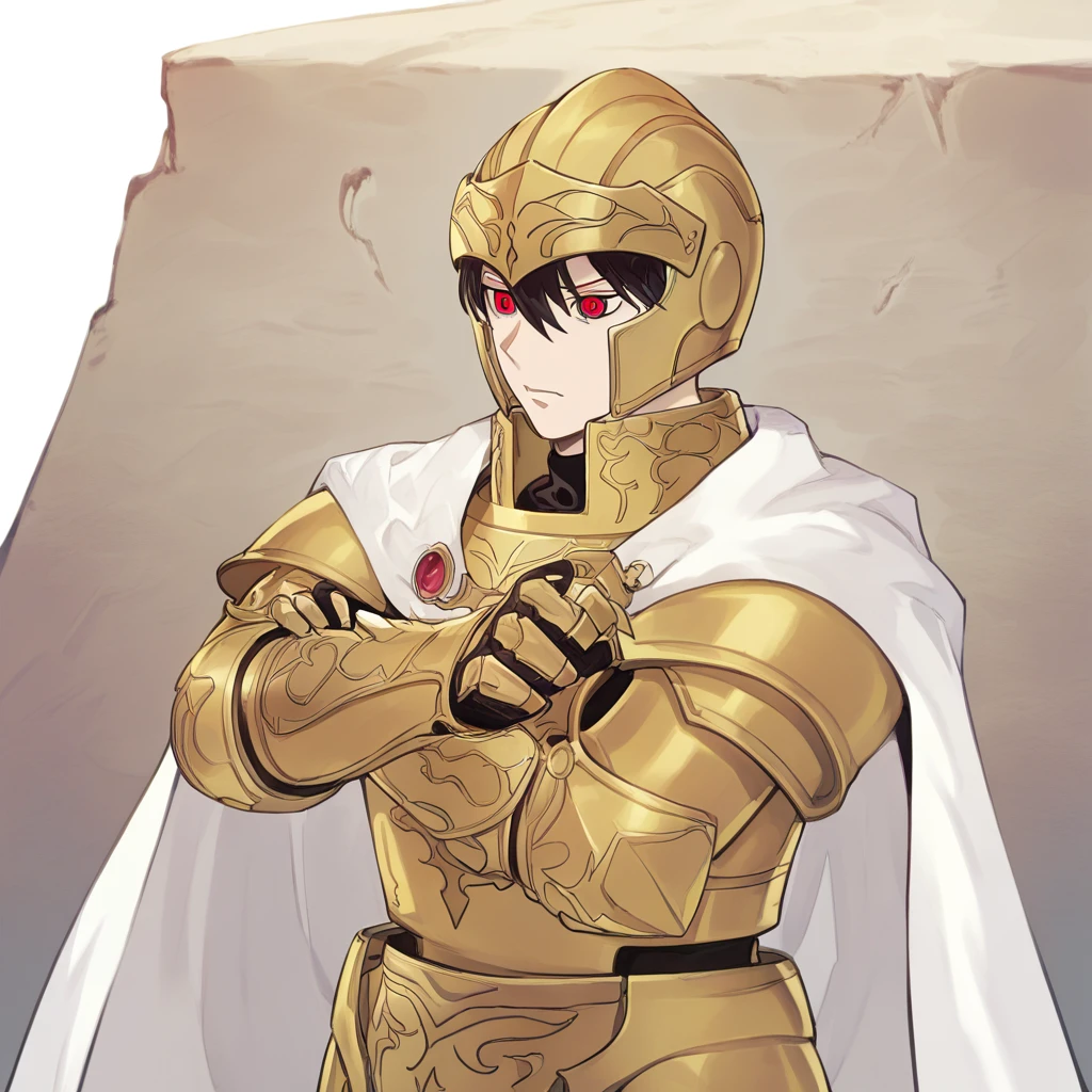 atmr, 1boy, knight, evil eyes, red eyes, (demonic:0.25), black and gold armor, male focus, upper body, BREAK, white background, score_9, score_8_up, score_7_up, masterpiece, best quality, amazing quality, absurdres, very aesthetic
