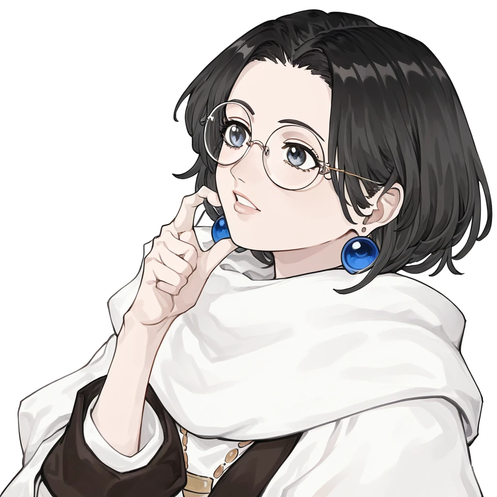 atmr, 1girl, long black hair, round glasses, upper body, female focus, BREAK, white background, score_9, score_8_up, score_7_up, masterpiece, best quality, amazing quality, absurdres, very aesthetic