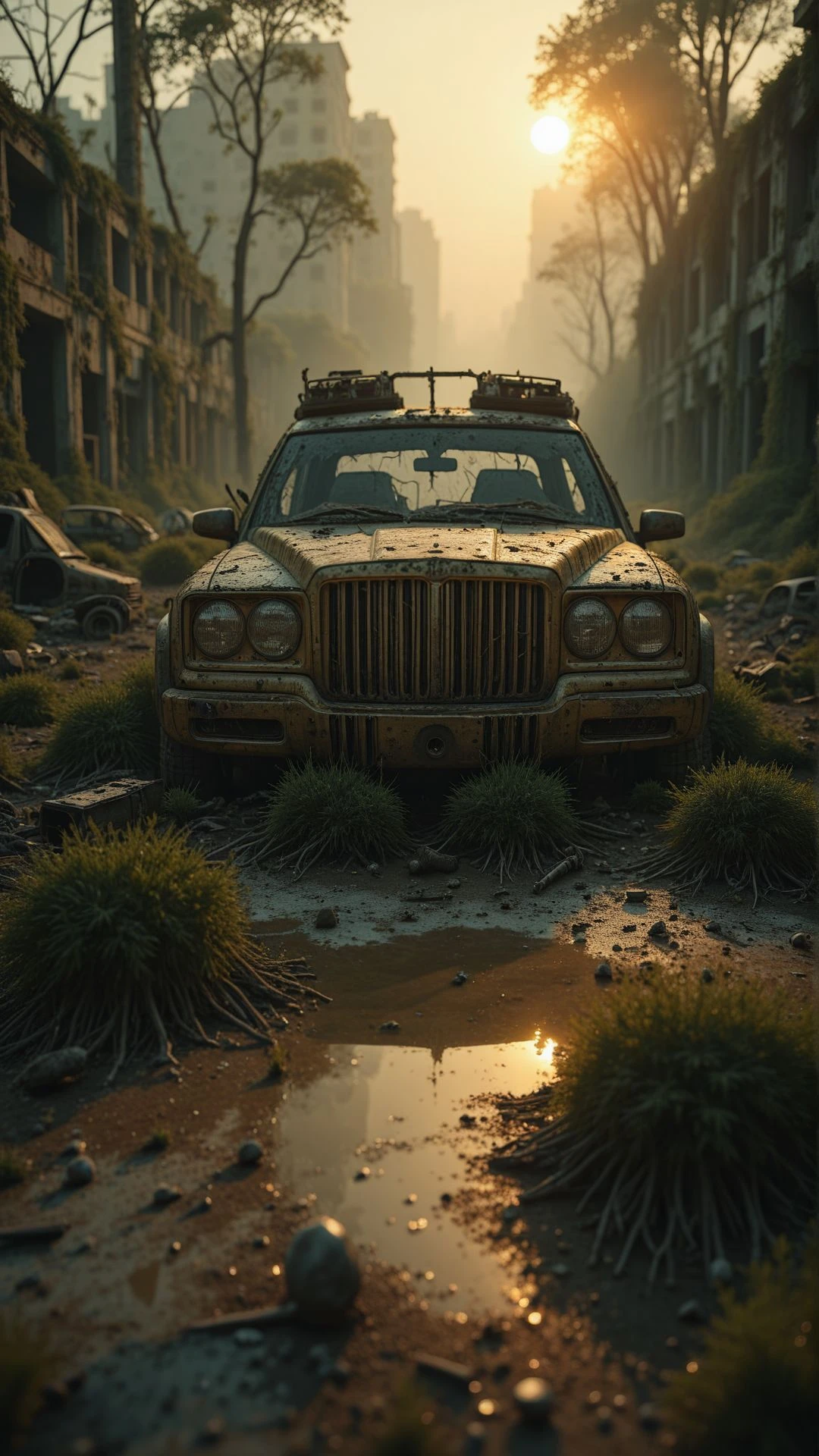 pov, post-apocalyptic ruins, crumbling skyscrapers, overgrown with nature, abandoned vehicles, misty sunrise, melancholic beauty, birds flying over desolation, soft golden light filtering through decay
, aidmaimageupgrader <lora:aidmaImageUpgrader-v0.3-IL:0.75>