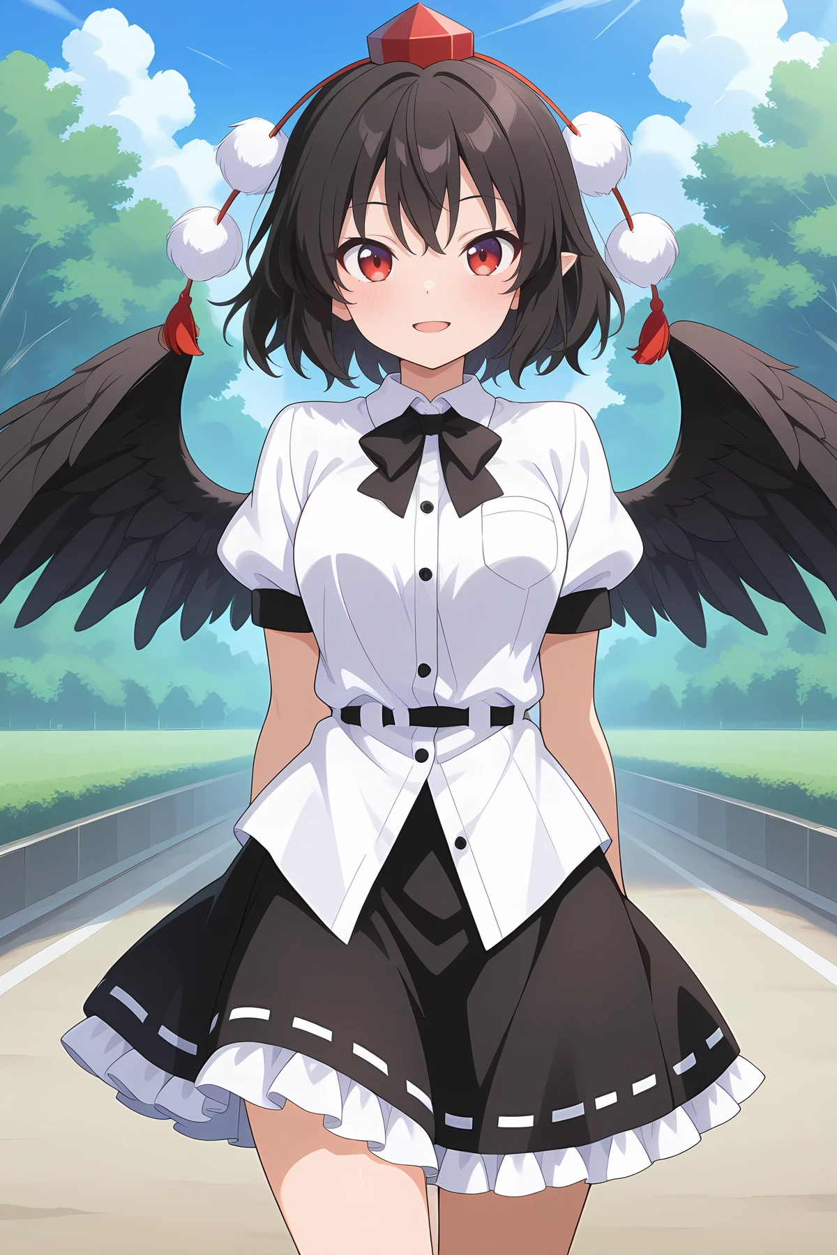 absurdres, highres, masterpiece, best quality, amazing quality, official anime artwork, screencap, anime screencap, outdoors, looking at viewer, light smile, dynamic pose,
<lora:Aya-Shameimaru_Illustrious:1> shameimaru aya, 1girl, solo, red eyes, black hair, short hair, feathered wings, black wings,, tokin hat, collared shirt, white shirt, short sleeves, black bow, black skirt, frilled skirt, photo, open mouth,