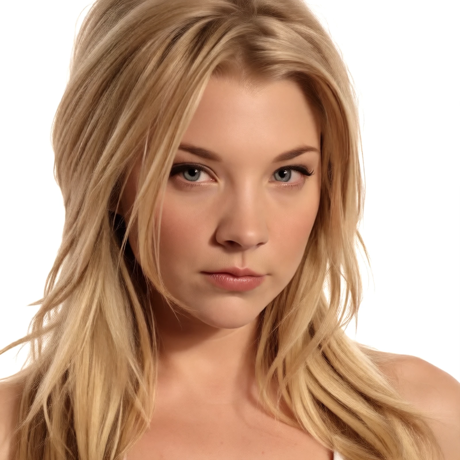 Closeup studio portrait video of a blonde woman looking at the camera with a seductive expression for a perfume commercial. She has long straight falling past her shoulders and a partial french crown-braid on top and she is wearing a tight thin leather belt-choker with a metal ring holding it together at the front. Her eyes and lips are the main focus of the photograph. Well-lit scene with a cinematic feel.