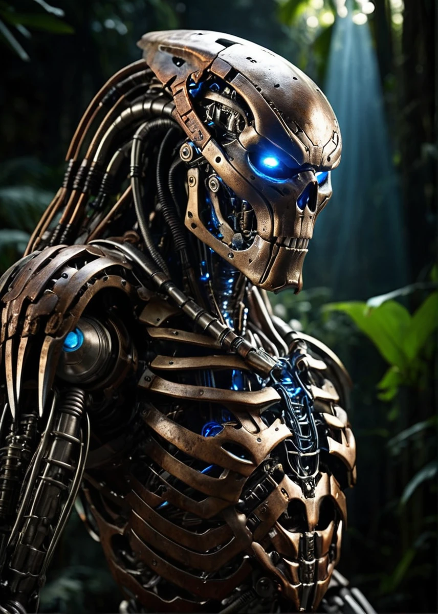 A captivating masterpiece, photo, dark environment, half body shot, dramatic lighting, intricate detail, (Endoskeleton) of a fusion of the (Predator:1.2) and the (iron man:0.7) with (rusty:1.5) metal skull and dark-blue glowing mechanical eyes, background is the jungle, High Detail, Perfect Composition, realistic photographic image, light rays, interesting backlight, 8k
