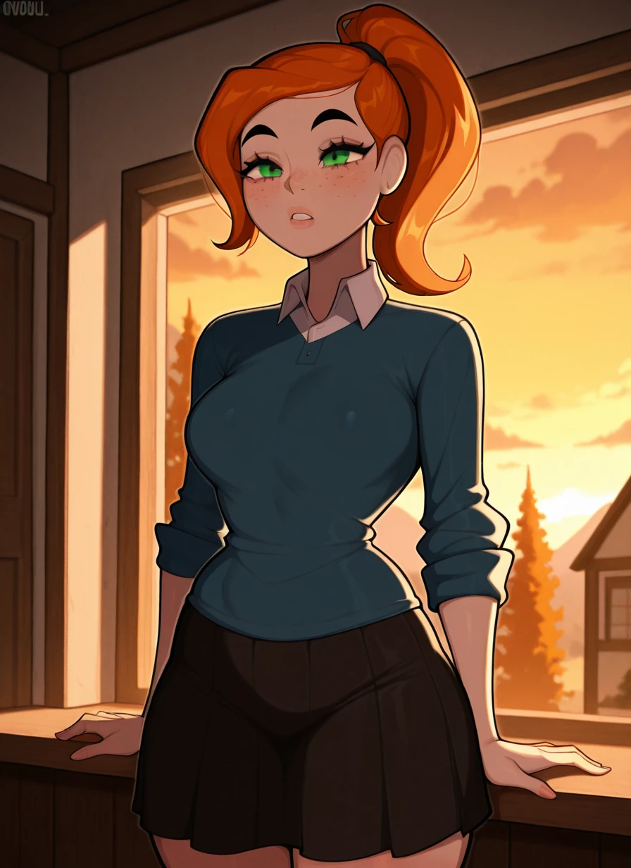 <lora:ovgwen-10:1> ovgwen, green eyes, orange hair, 1girl, ponytail, freckles, blue jumper shirt, white collar, black skirt,, detailed background, <lora:afrobull-guy90-Illust-Lycorisv1:1> afbul, masterpiece, best quality, amazing quality, very aesthetic, absurdres, newest,