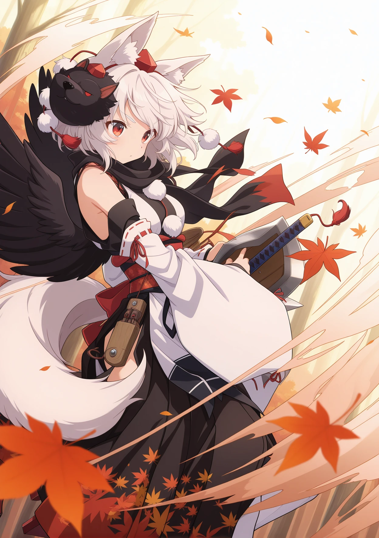 absurdres, highres, masterpiece, best quality, amazing quality, official anime artwork, screencap, anime screencap, outdoors, dynamic pose,
<lora:Momiji-Inubashiri_Illustrious:1> inubashiri momiji, 1girl, solo, red eyes, white hair, short hair, wolf ears, wolf tail,, inubashiri momiji \(white wolf of staunch offense and defense\), clothing cutout, kikkoumon, kourindou tengu costume, official alternate costume, pom pom \(clothes\), red footwear, ribbon-trimmed sleeves, ribbon trim, shawl, sword, tengu-geta, thighhighs, tokin hat, white thighhighs, wide sleeves, sword, shield, floating hair, wind,
day, from the side, automn, forest, leaf,