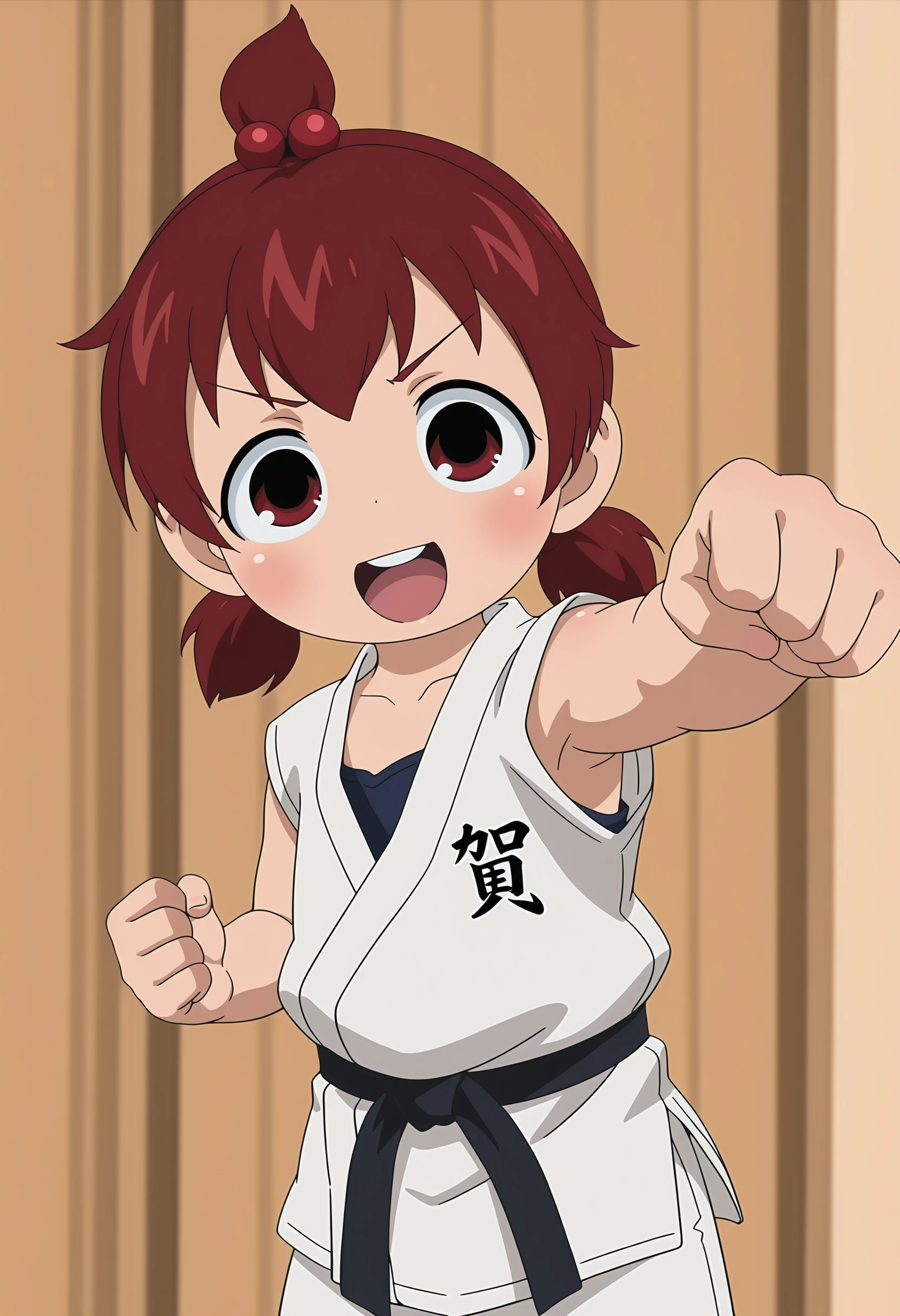 masterpiece, best quality, amazing quality, very aesthetic, absurdres, newest, <lora:MitsudomoeStyleILf:0.9> 1girl, fu74, red hair, hair bobbles, dougi, looking at viewer, :D, punching,