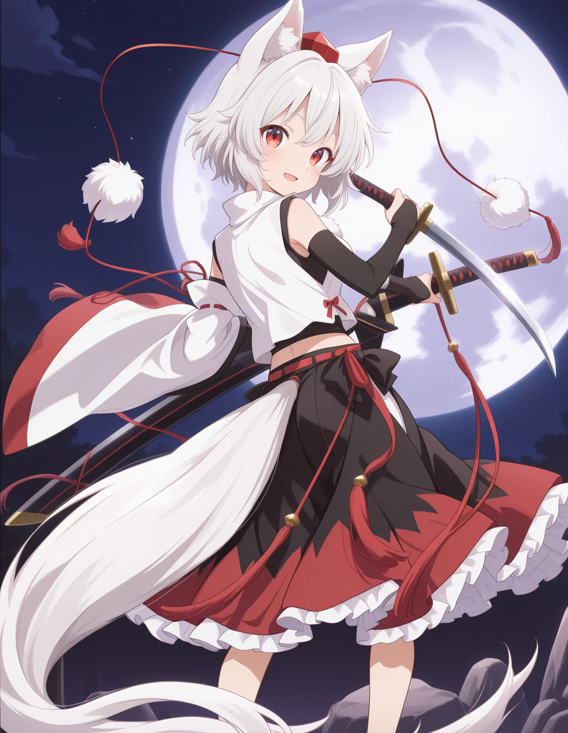 absurdres, highres, masterpiece, best quality, amazing quality, official anime artwork, screencap, anime screencap, outdoors, looking at viewer, light smile, dynamic pose,
<lora:Momiji-Inubashiri_Illustrious:1> inubashiri momiji, 1girl, solo, red eyes, white hair, short hair, wolf ears, wolf tail,, tokin hat, detached sleeves, white shirt, black skirt, two-tone skirt, sword,
night, moon, star, from behind, open mouth, rock,