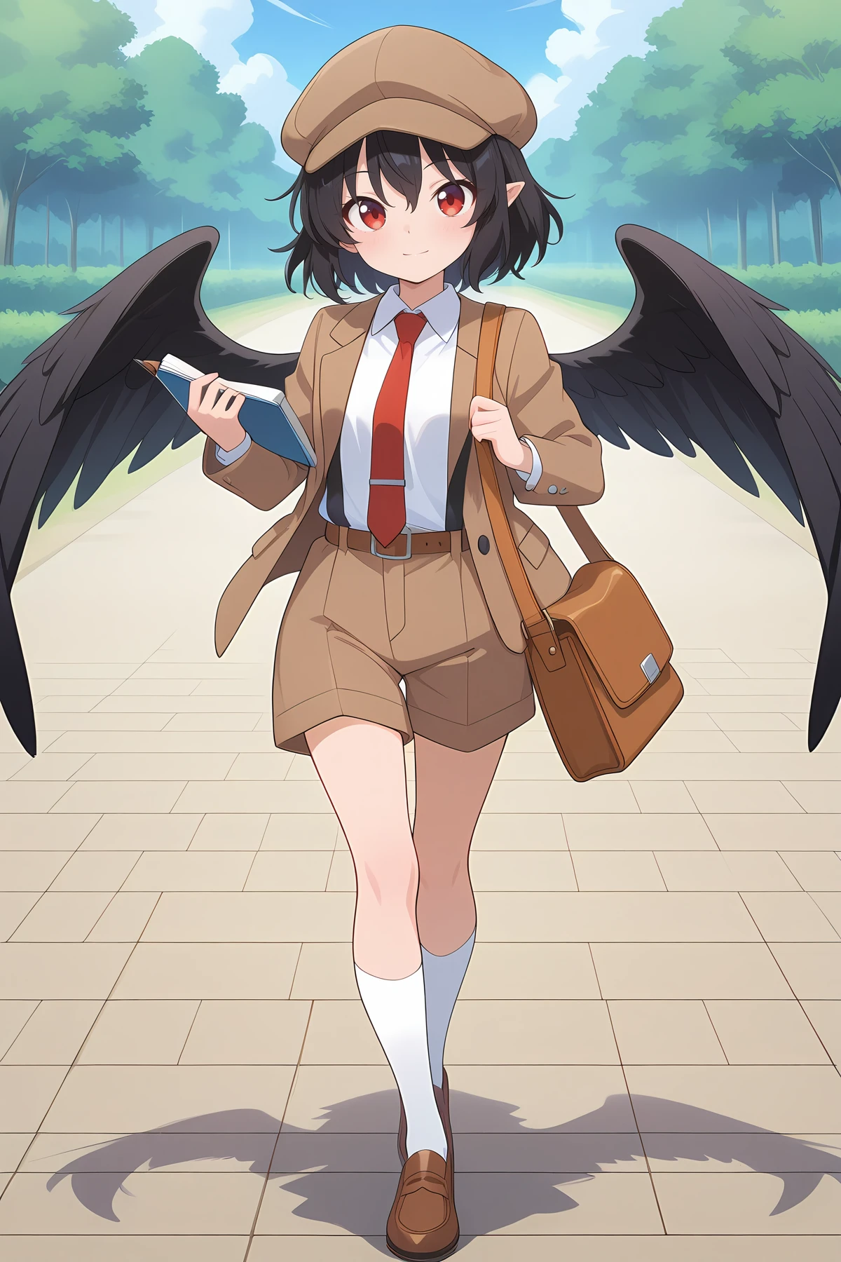 absurdres, highres, masterpiece, best quality, amazing quality, official anime artwork, screencap, anime screencap, outdoors, looking at viewer, light smile, dynamic pose,
<lora:Aya-Shameimaru_Illustrious:1> shameimaru aya, 1girl, solo, red eyes, black hair, short hair, feathered wings, black wings,, shameimaru aya \(newsboy\), brown bag, brown belt, brown footwear, brown hat, brown jacket, brown shorts, cabbie hat, collared shirt, flat cap, happy, holding notebook, holding pen, jacket, kneehighs, messenger bag, nib pen \(object\), open jacket, red necktie, shoes, shorts, shoulder bag, suit jacket, suspenders, tie clip, white shirt, white socks,