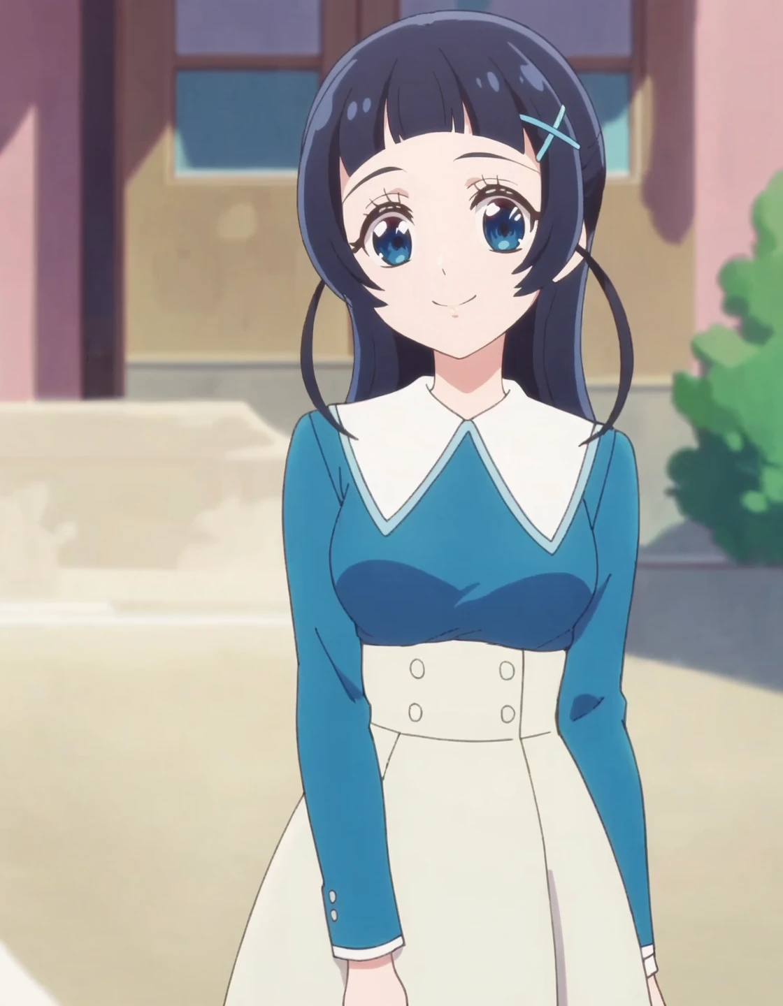 score_9, score_8_up, score_7_up, anime screencap, solo,1girl,aokazenana, hair ornament, long sleeves, shirt, skirt, x hair ornament, hairclip, blue shirt, dress,cowboy shot,medium breasts ,looking at viewer,smile<lora:aokazenana_pony:0.8>