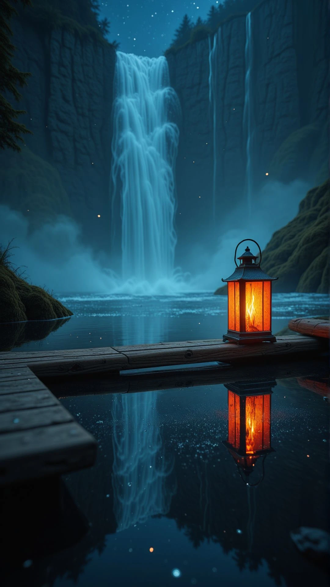 A waterfall cascades from a fractured sky, pouring into a circular lake that glows in the darkness. On the surface, stars ripple, though no sky is visible. At the water’s edge, a wooden bench rests, its legs slightly submerged, while a single lantern floats above, its flame eerily still.
, aidmaimageupgrader <lora:aidmaImageUpgrader-v0.3-IL:0.75>