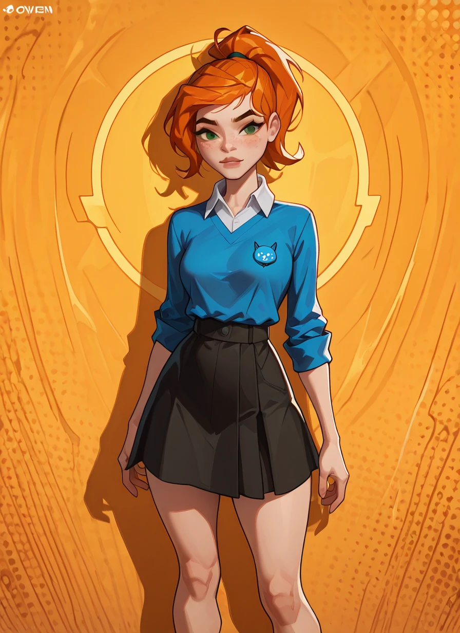 <lora:ovgwen-10:1> ovgwen, green eyes, orange hair, 1girl, ponytail, freckles, blue jumper shirt, white collar, black skirt,, detailed background, <lora:AMarvelRivals_style-10:1> MarvelRivals, , , semi realistic, cartoon, masterpiece, best quality, amazing quality, very aesthetic, absurdres, newest,