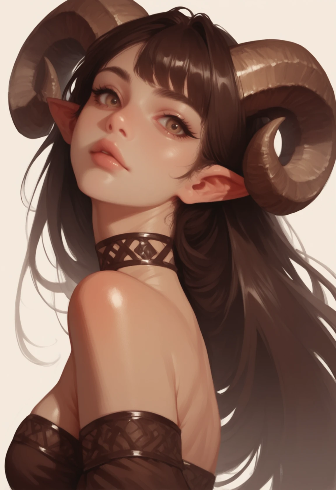 1girl, horns, solo, long hair, pointy ears, looking at viewer, brown hair, bare shoulders, , upper body, sheep horns, , light brown eyes, dress, choker, curled horns, straight hair, breasts,, detached sleeves, , brown dress, nose, from side, , , brown hair, , eyelashes, , see-through, hazel eyes, looking to the side, strapless dress, demon girl, , simple background, rimixa, masterwork, masterpiece, best quality, dynamic lighting , dynamic pose,, dynamic angle, lips, nose